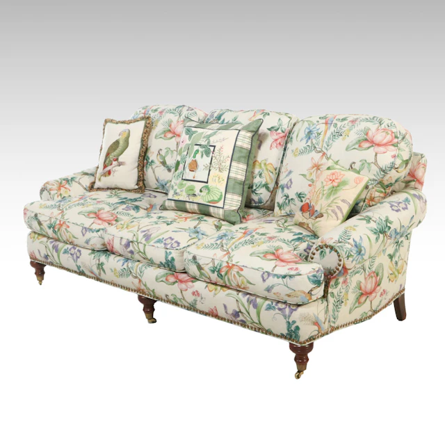 Custom-Upholstered Floral Roll-Arm Sofa with Accent Pillows