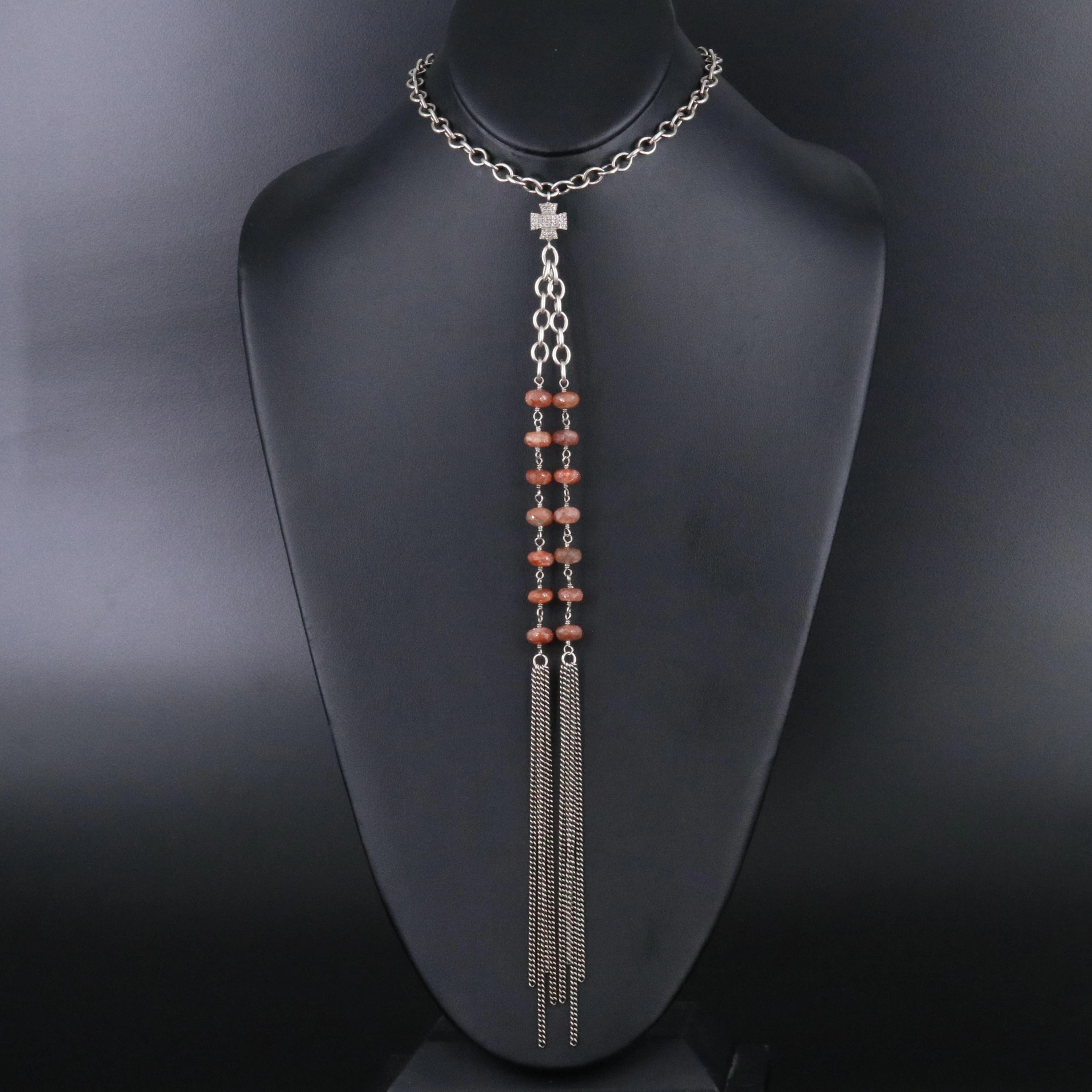 Sheryl Lowe Sterling Sunstone Bead and Diamond Tassel Necklace