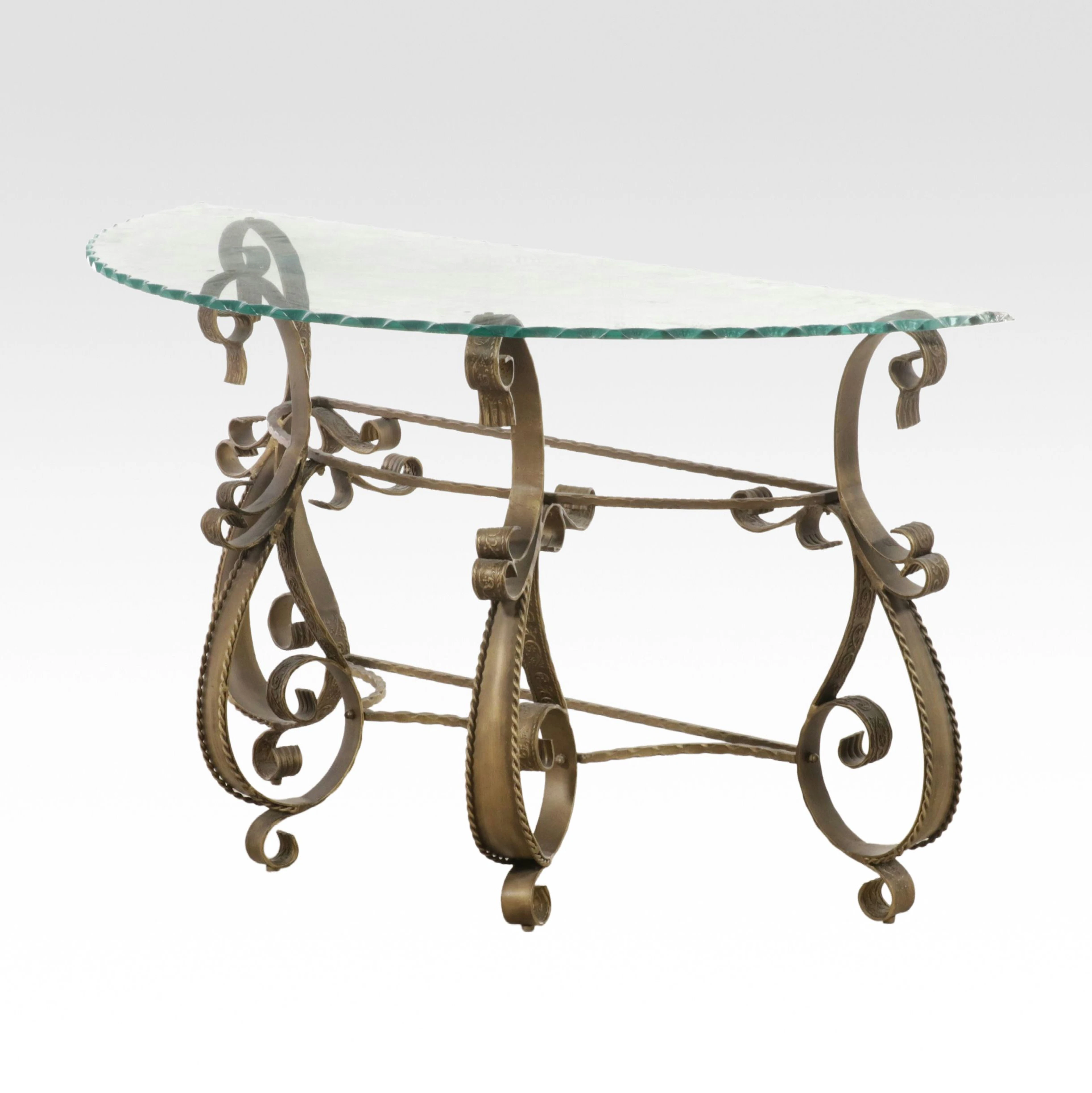 Italian Baroque Style Scrolled Metal Demilune Table with Glass Top