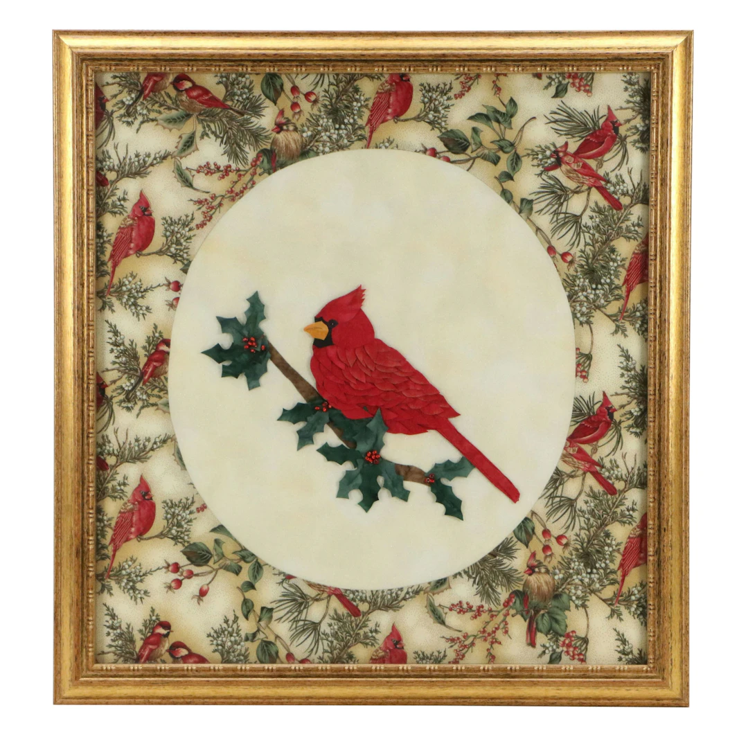 Appliqué Collage of Cardinal on Holly Branch