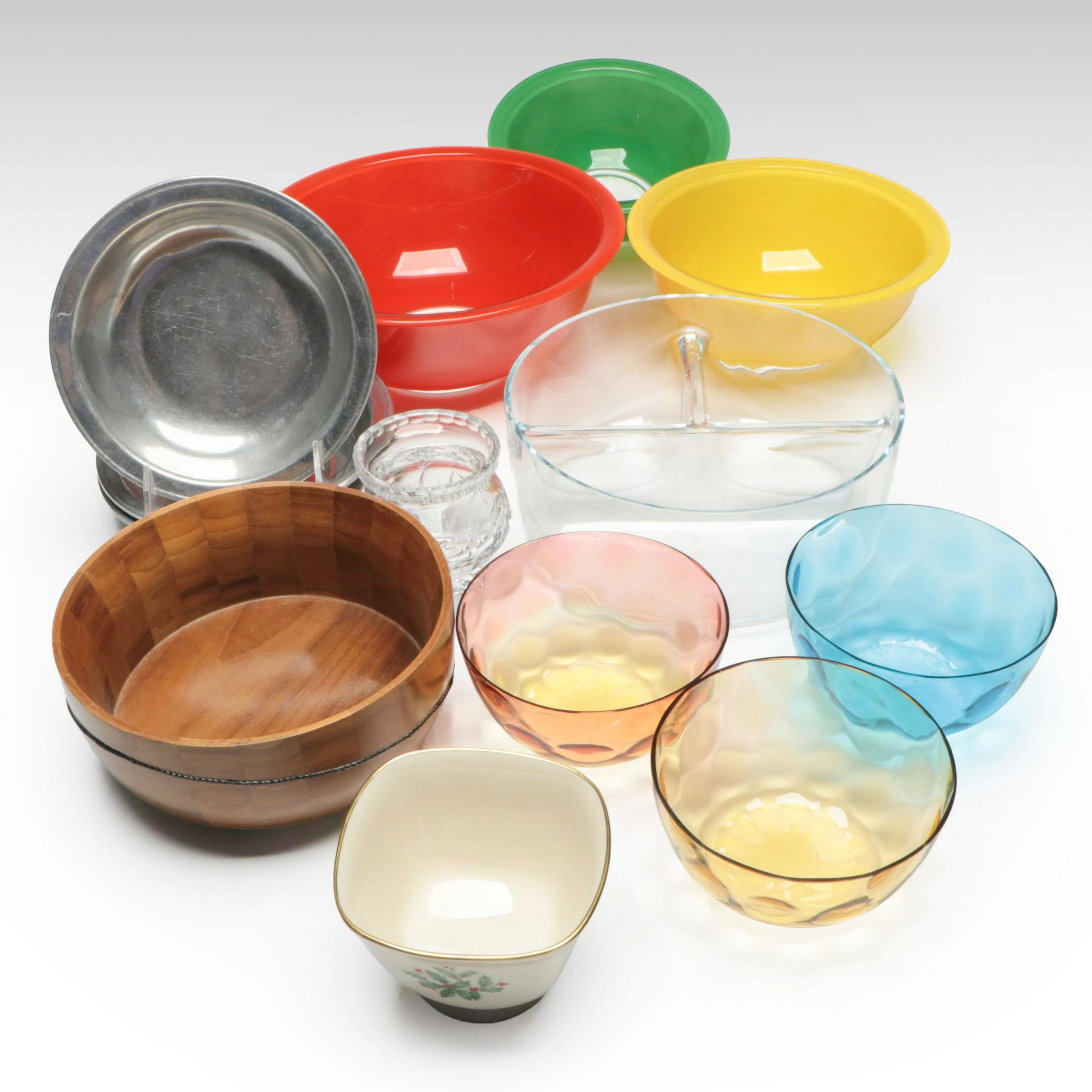 Pyrex Multicolor Glass Serving Bowls with Lenox Porcelain Holly Bowl