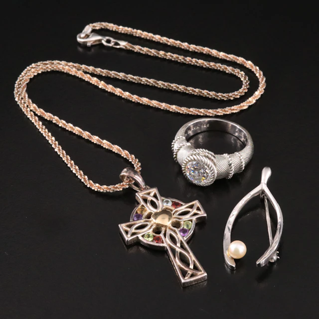Judith Ripka Ring Featured in Sterling Jewelry with CZ, Pearl, and Amethyst