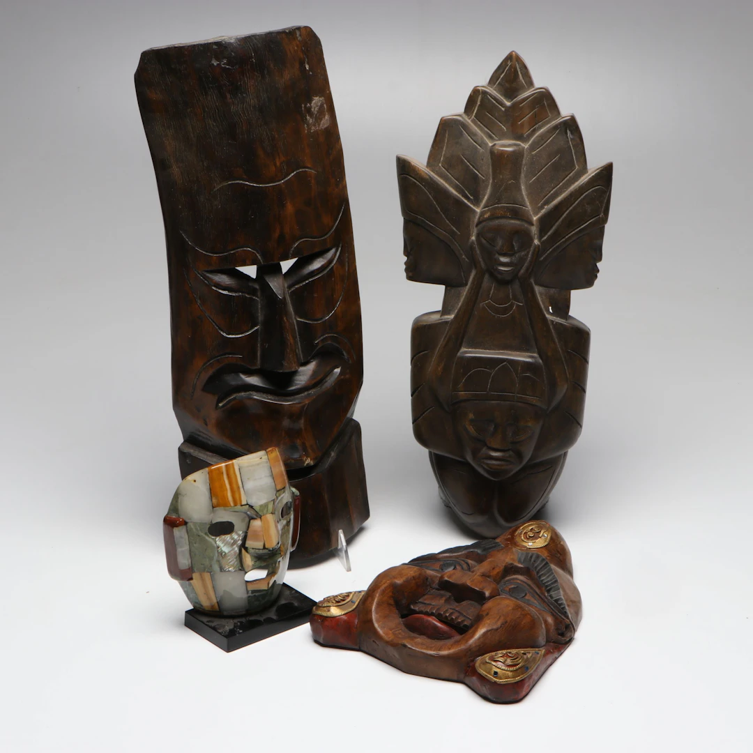 Mexican Abalone Mask, Indonesian Laughing Buddha, and Other Decorative Masks