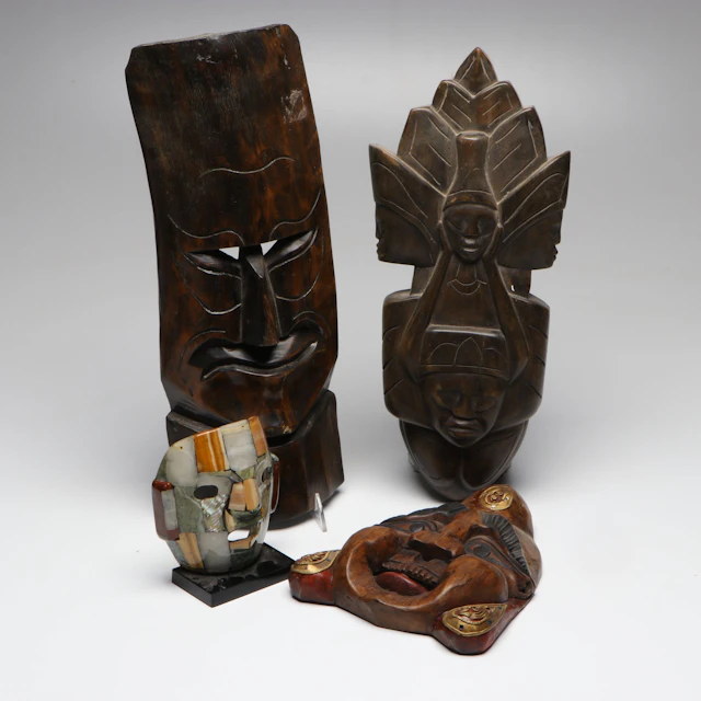 Mexican Abalone Mask, Indonesian Laughing Buddha, and Other Decorative Masks