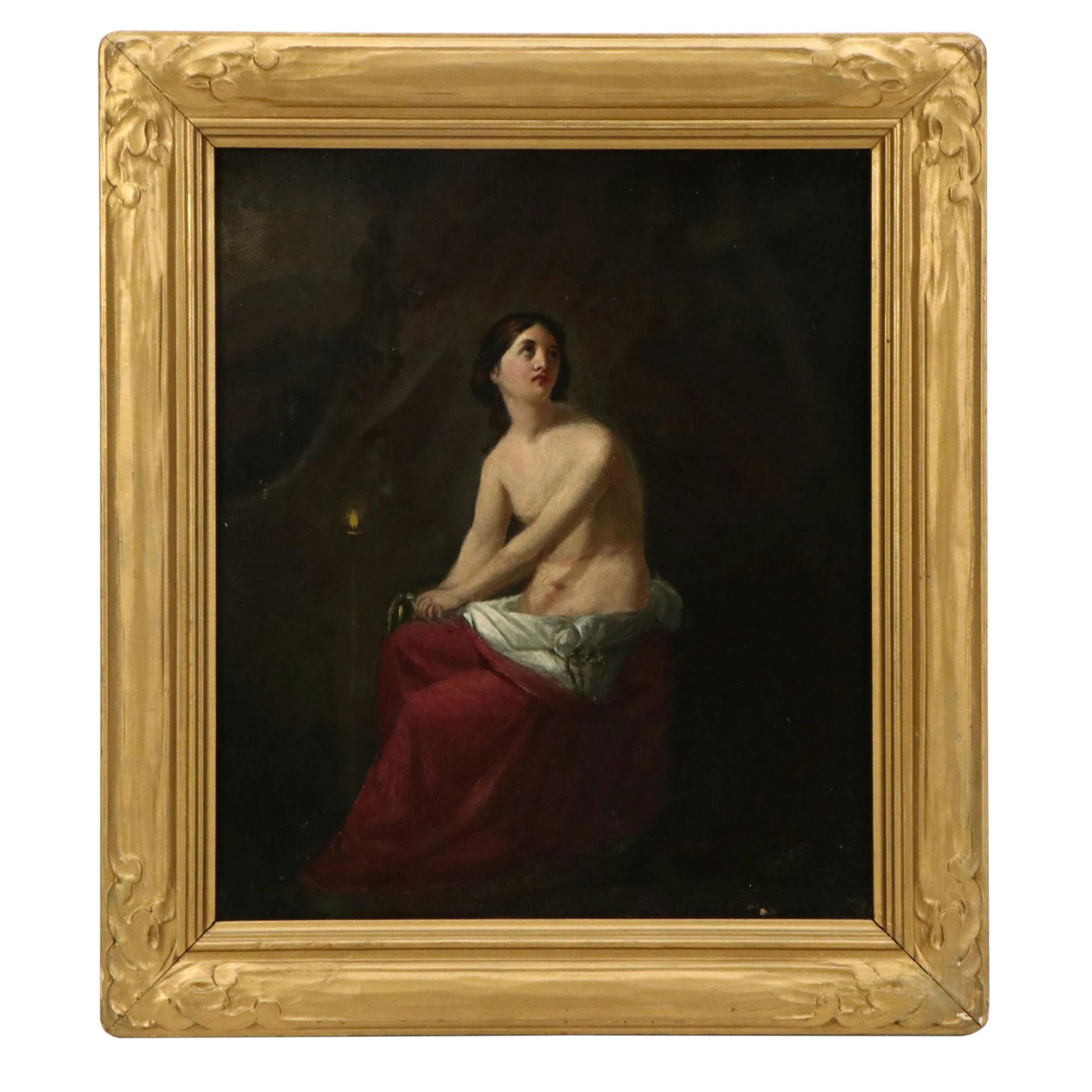 Italian School Chiaroscuro Oil Painting of Female Nude Gazing Toward Heaven