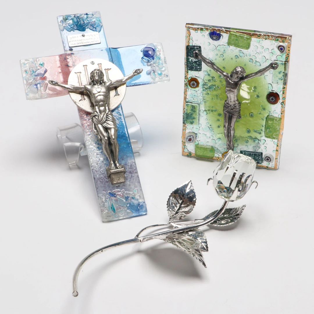 Italian Murano Handblown Glass Cross with Sterling Rose, More Religious Décor
