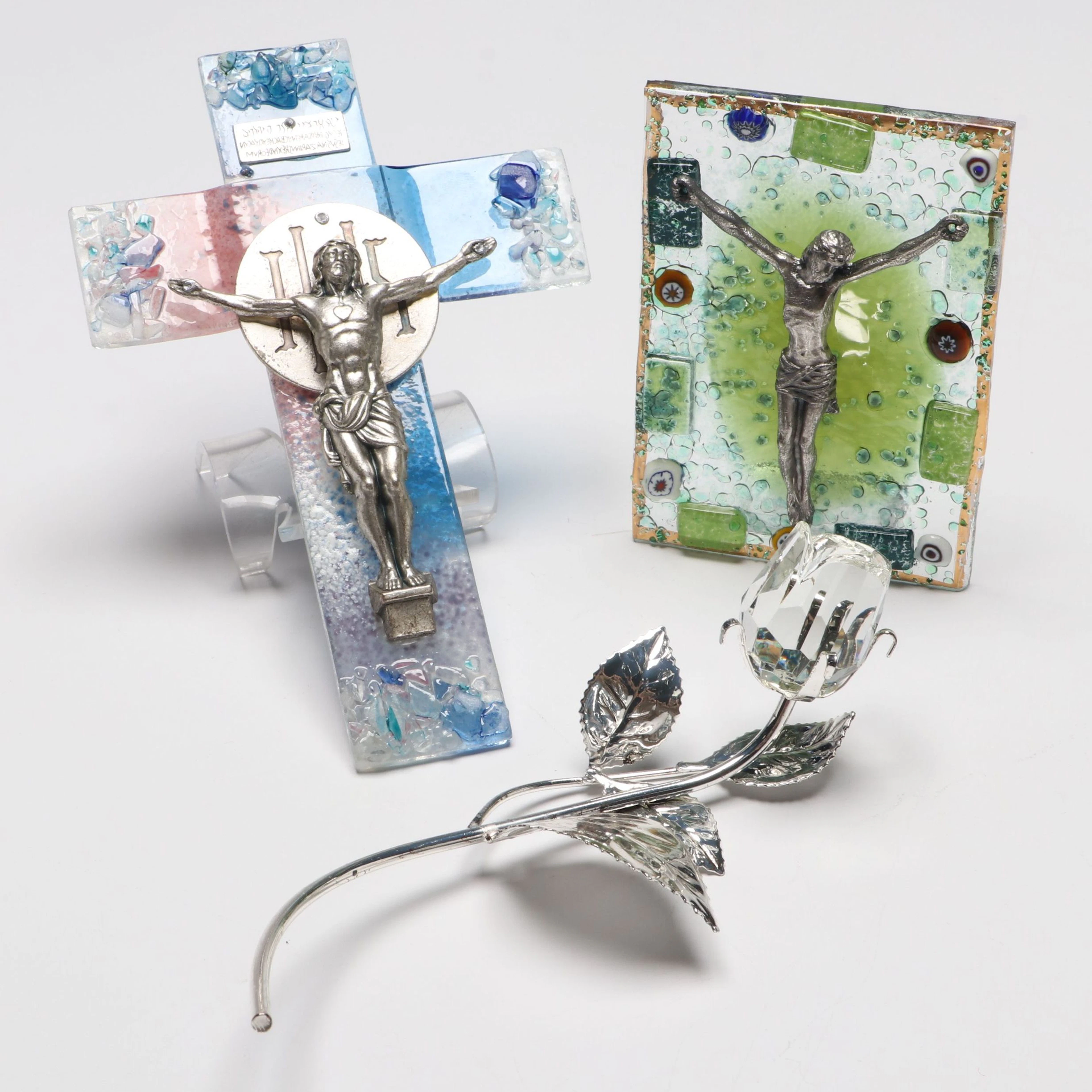 Italian Murano Handblown Glass Cross with Sterling Rose, More Religious Décor
