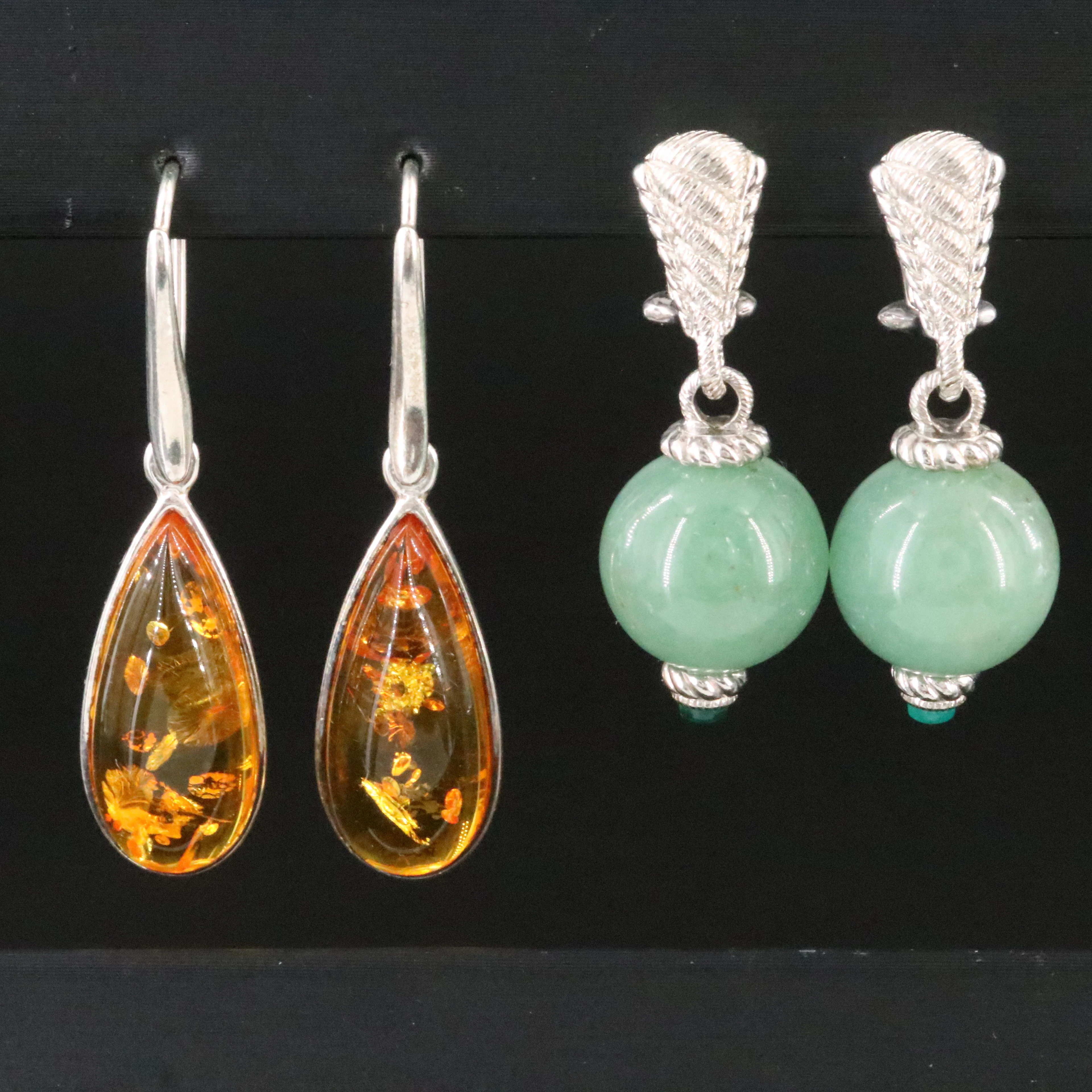 Sterling Earrings Including Amber and Judith Ripka Aventurine, Green Onyx