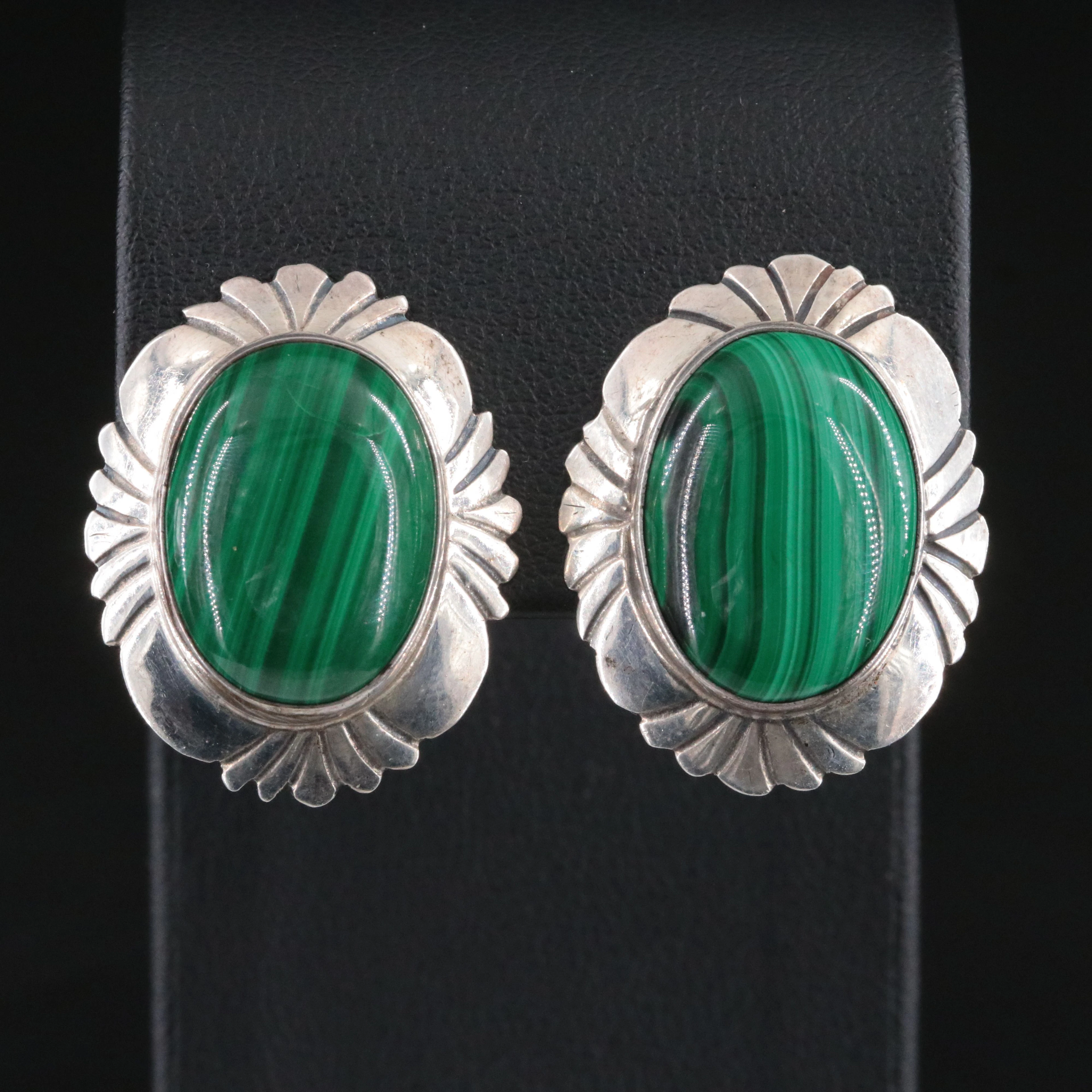 Signed Southwestern Sterling Malachite Earrings