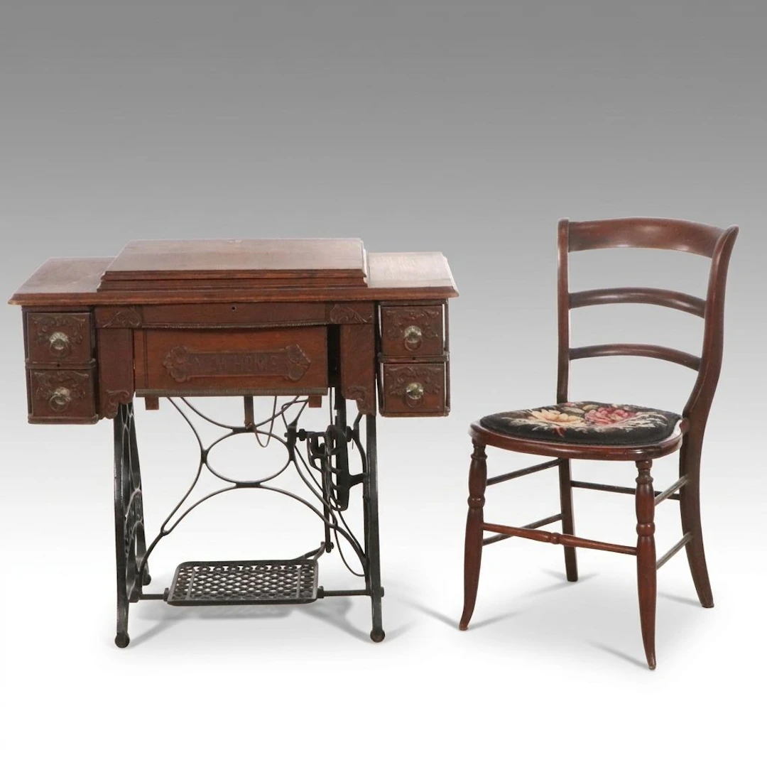 Antique "New Home" Oak Sewing Treadle Cabinet with Side Chair