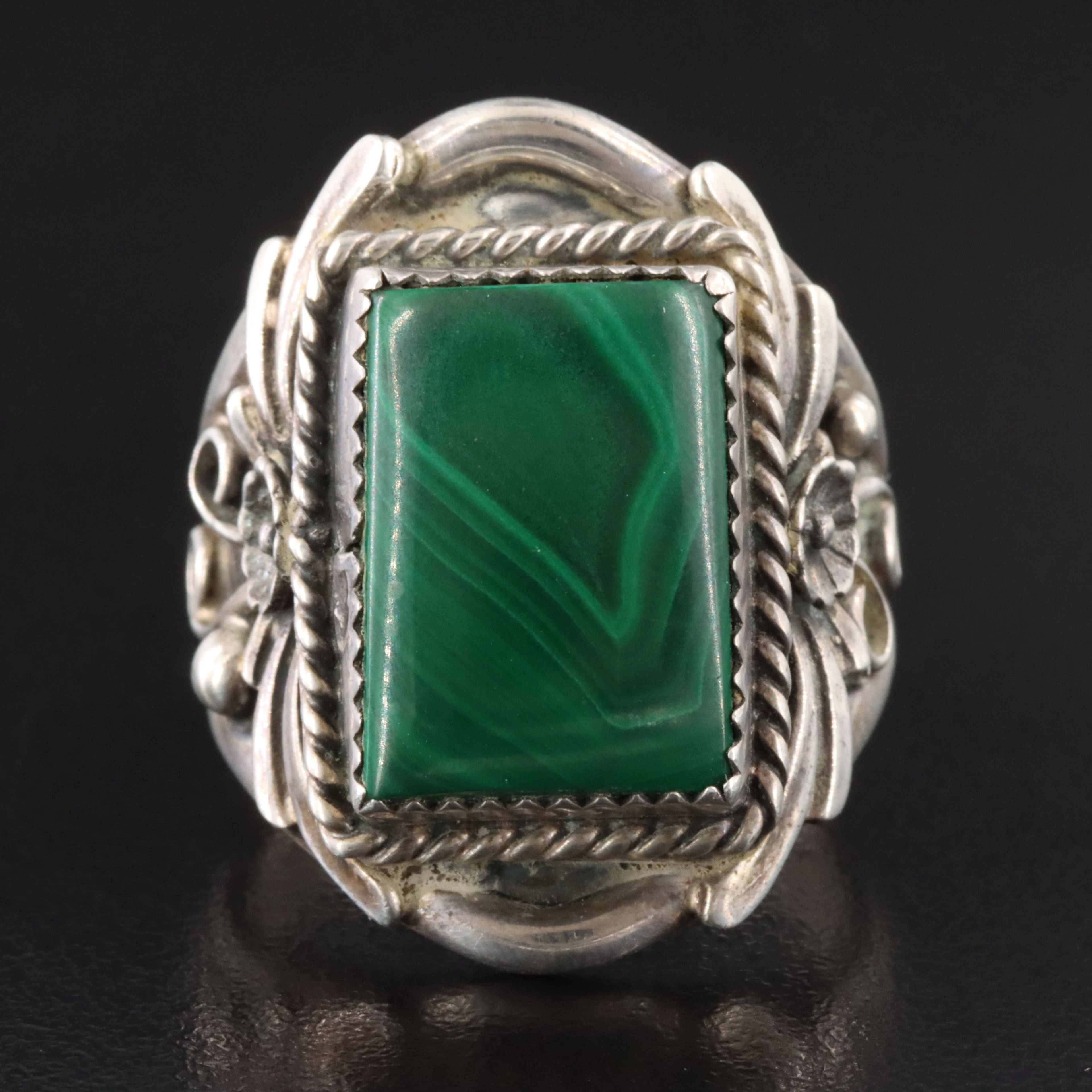 Signed Southwestern Sterling Malachite Appliqué Ring