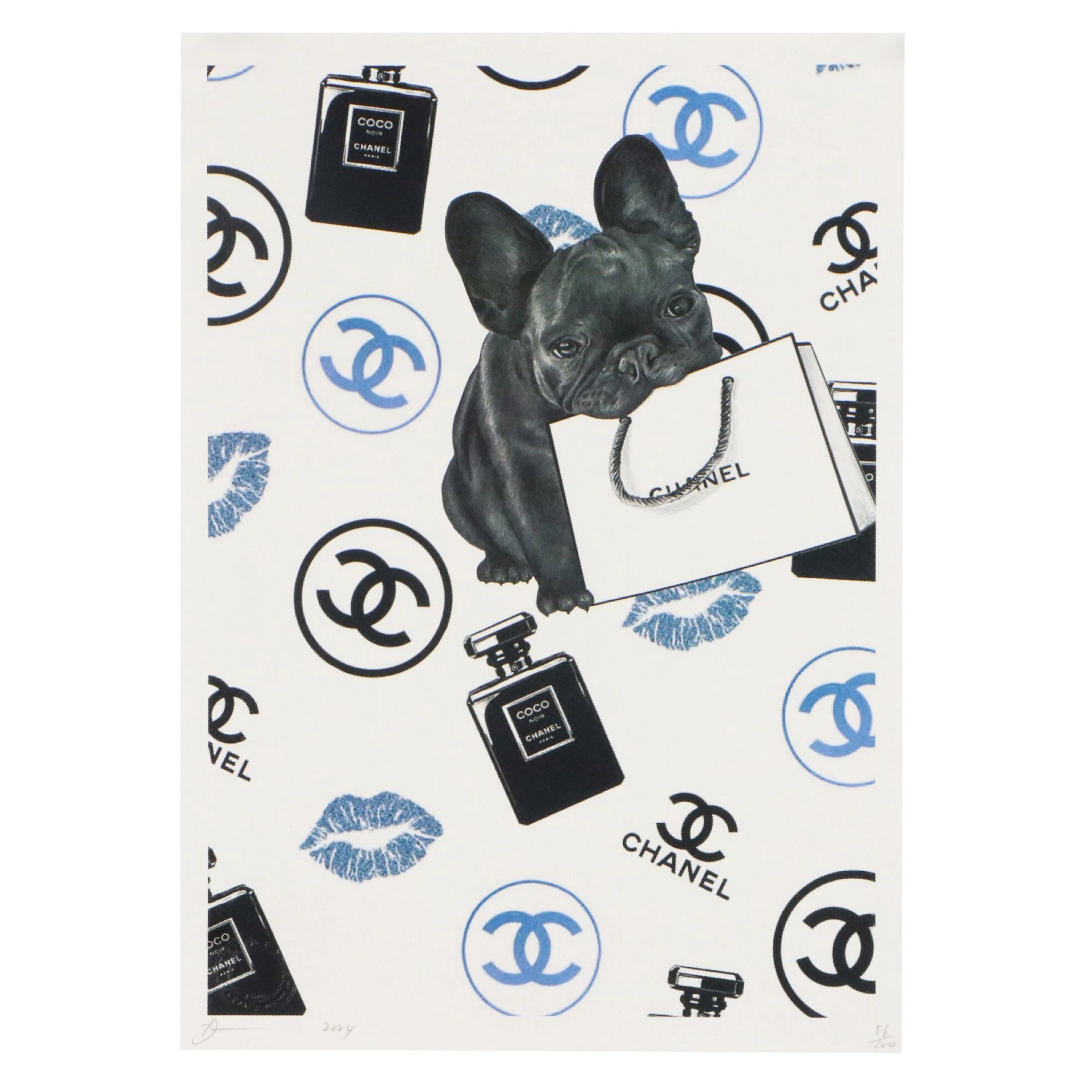 Death NYC Pop Art Digital Print of Frenchie with Chanel Logos, 2024