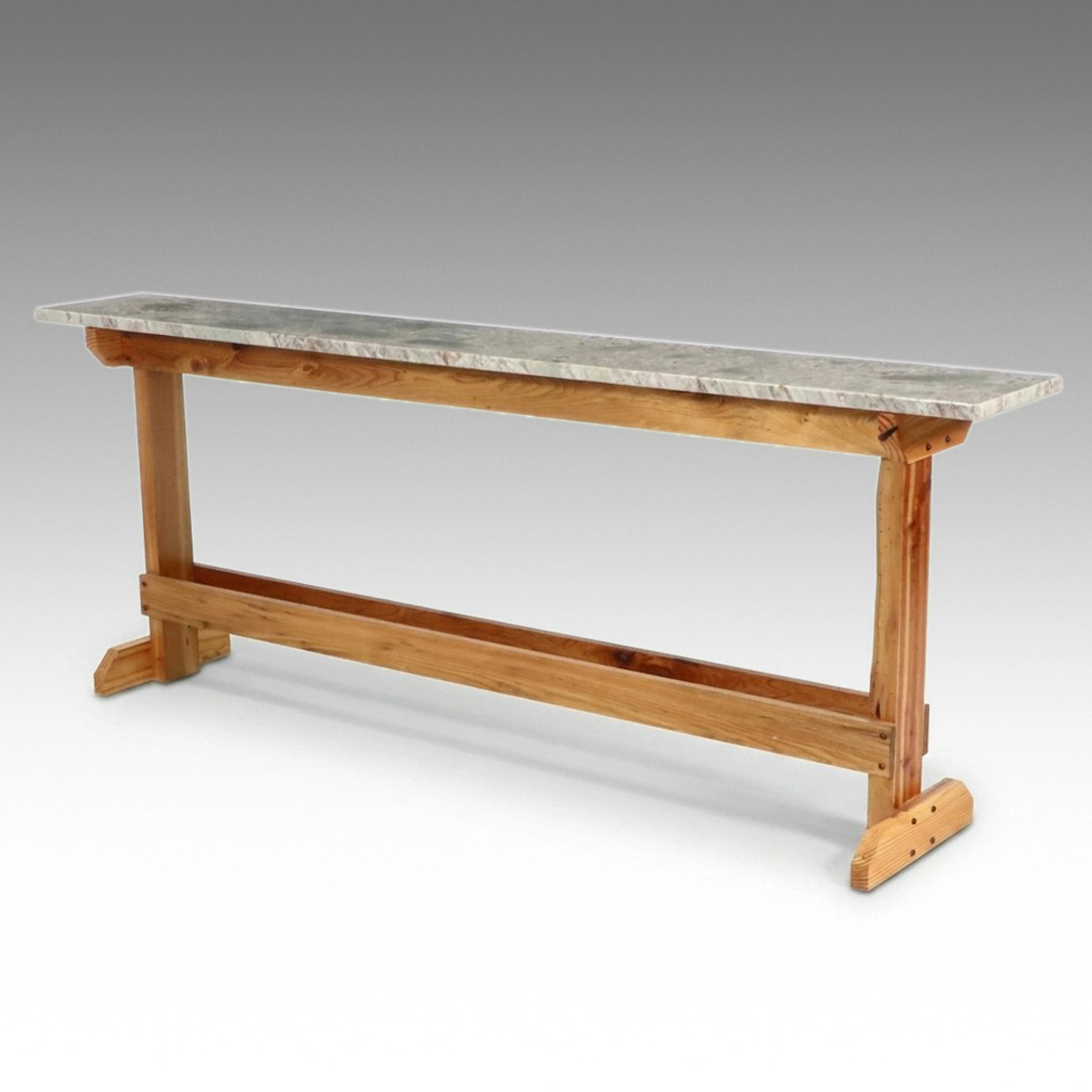 Rustic Pine Trestle Console Table with Granite Top