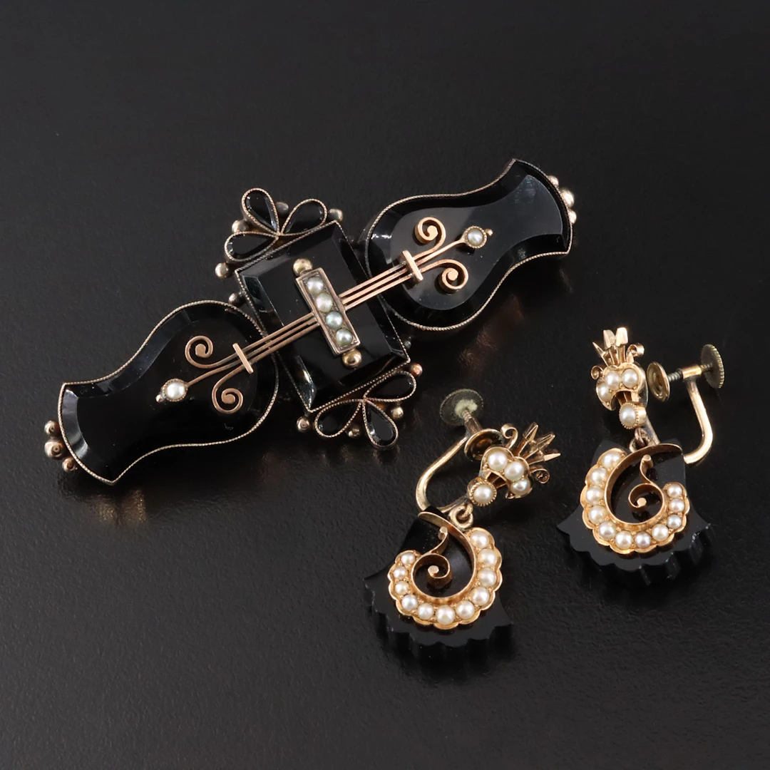 Victorian 10K Mourning Brooch and 14K Earrings
