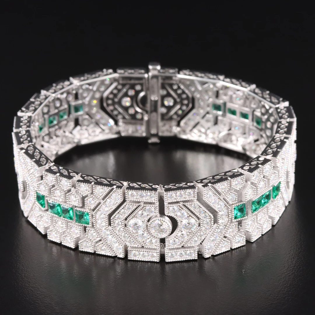 Art Deco Style Sterling Emerald and Moissanite Bracelet