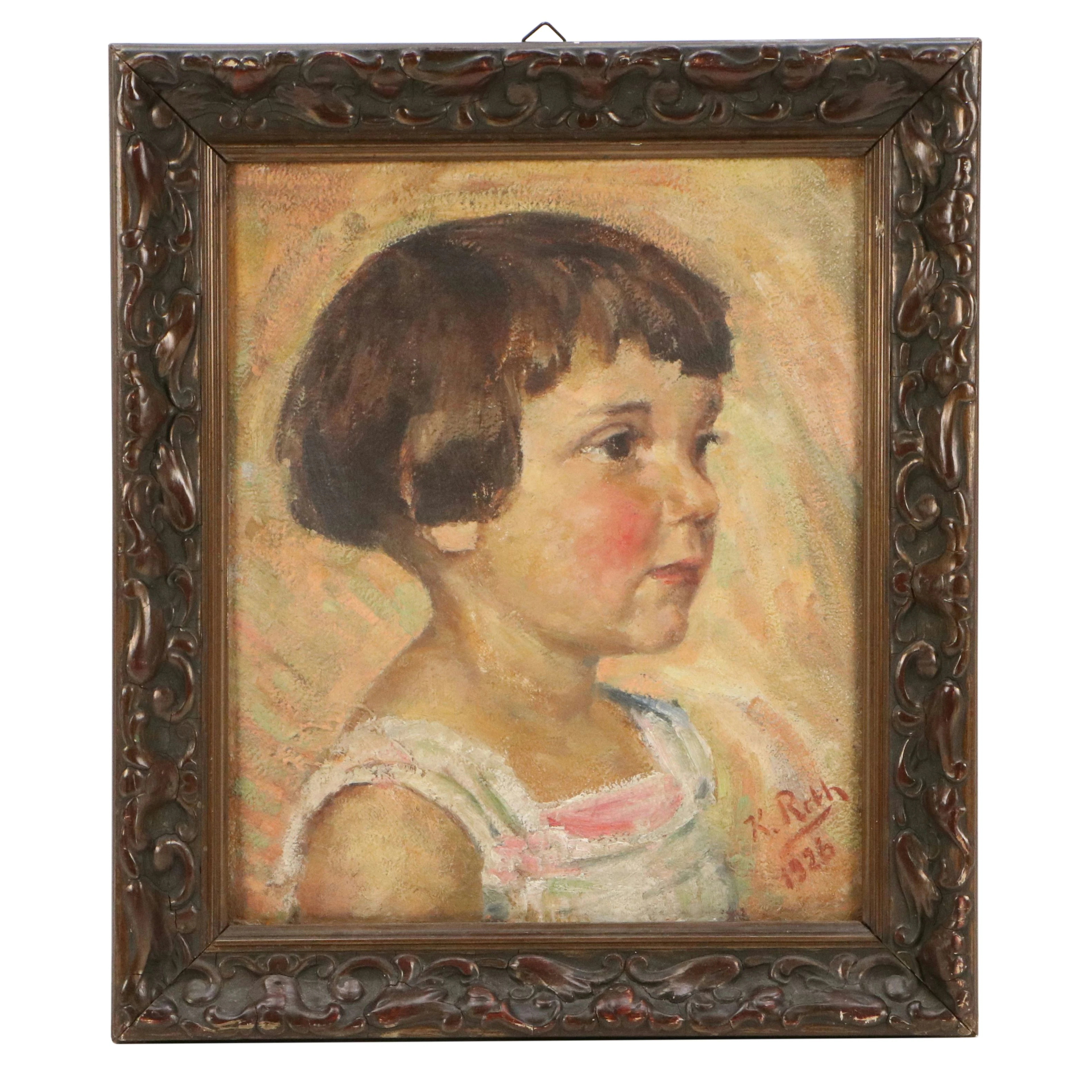 Karl Friedrich Roth Oil Portrait Painting of Young Girl, 1926