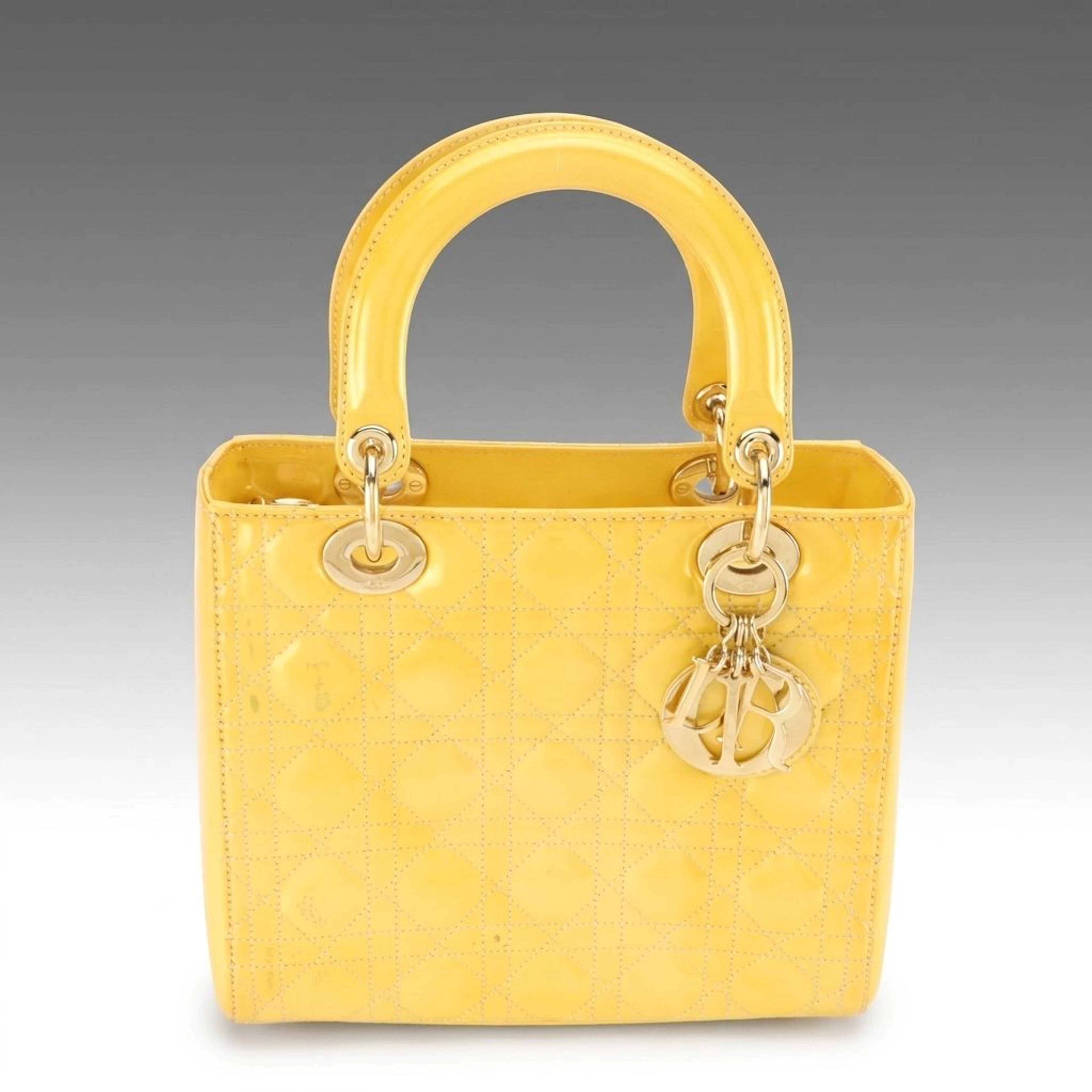 Christian Dior Lady Dior Two-Way Bag in Yellow Cannage Quilted Patent Leather