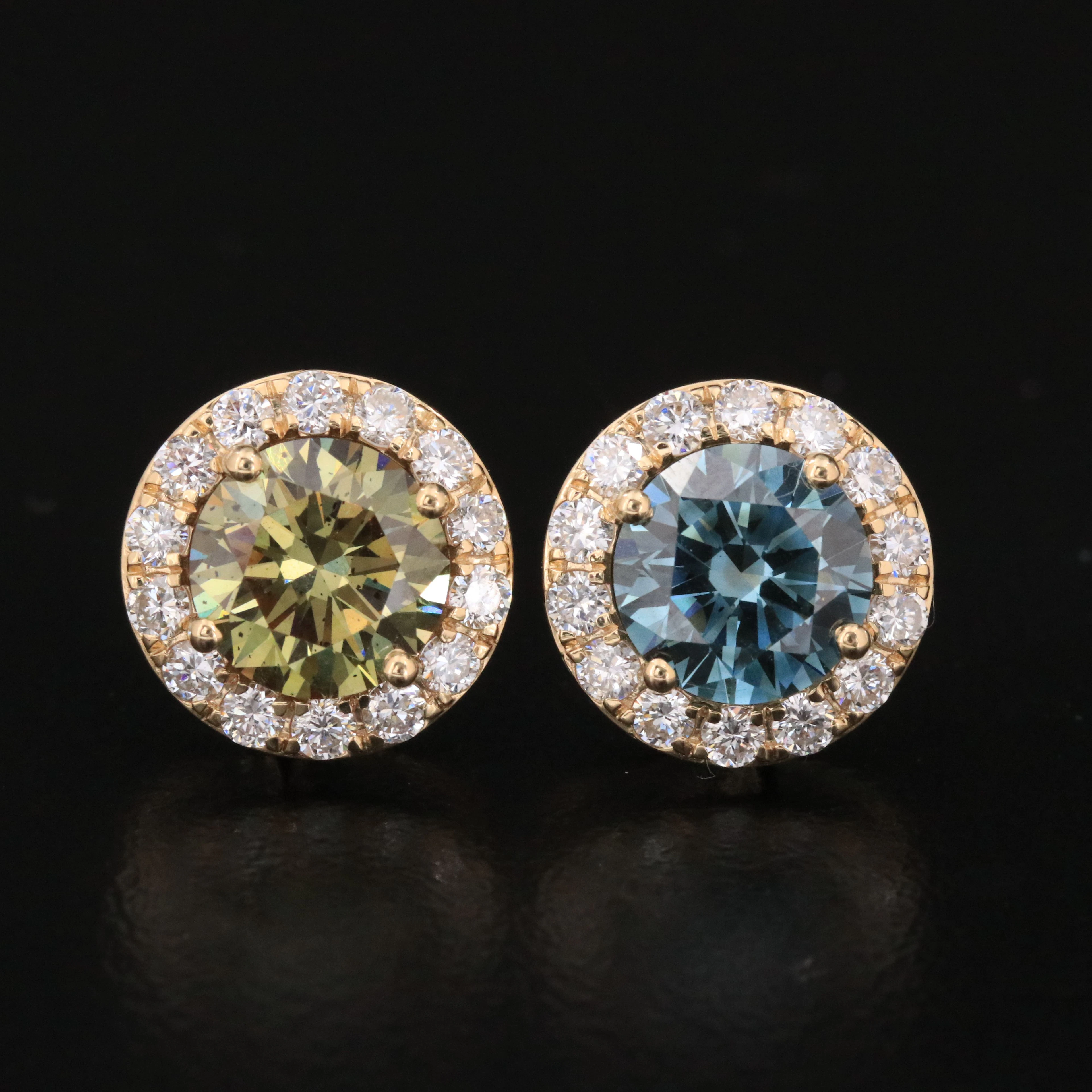 14K 3.77 CTW Lab Grown Diamond Halo Earrings Featuring Fancy Blue & Green