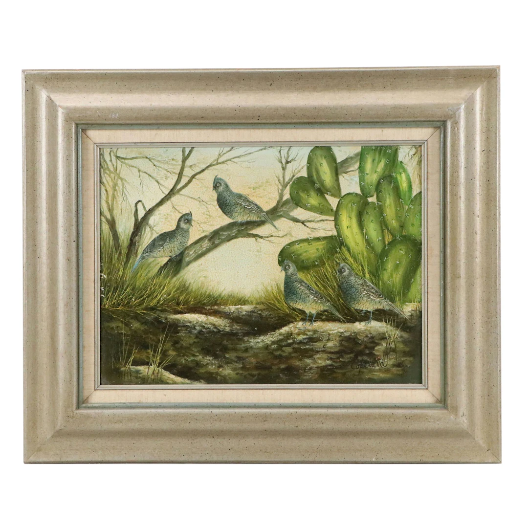 Copeland Oil Painting of Quail in Desert Vegetation, Late 20th Century