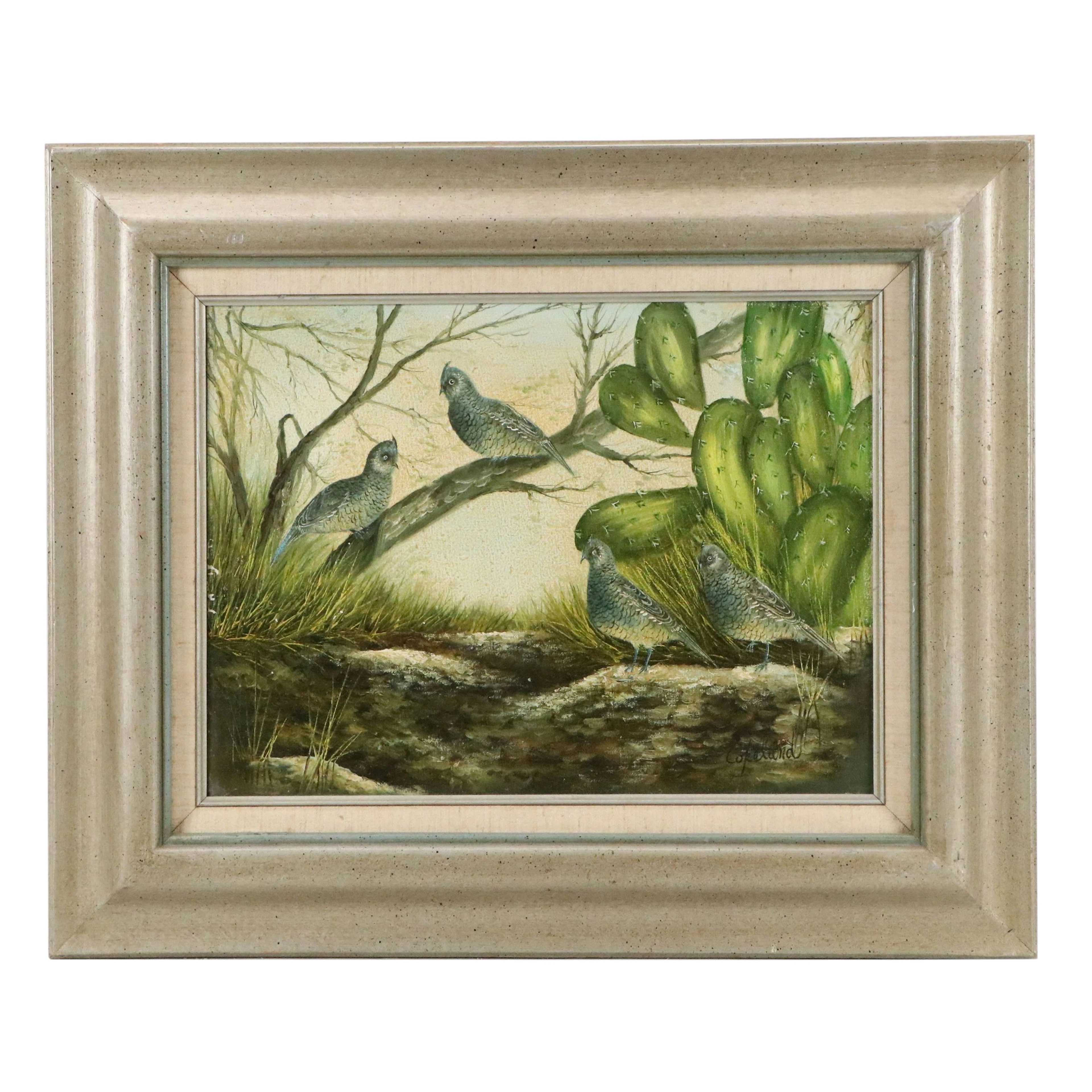 Copeland Oil Painting of Quail in Desert Vegetation, Late 20th Century