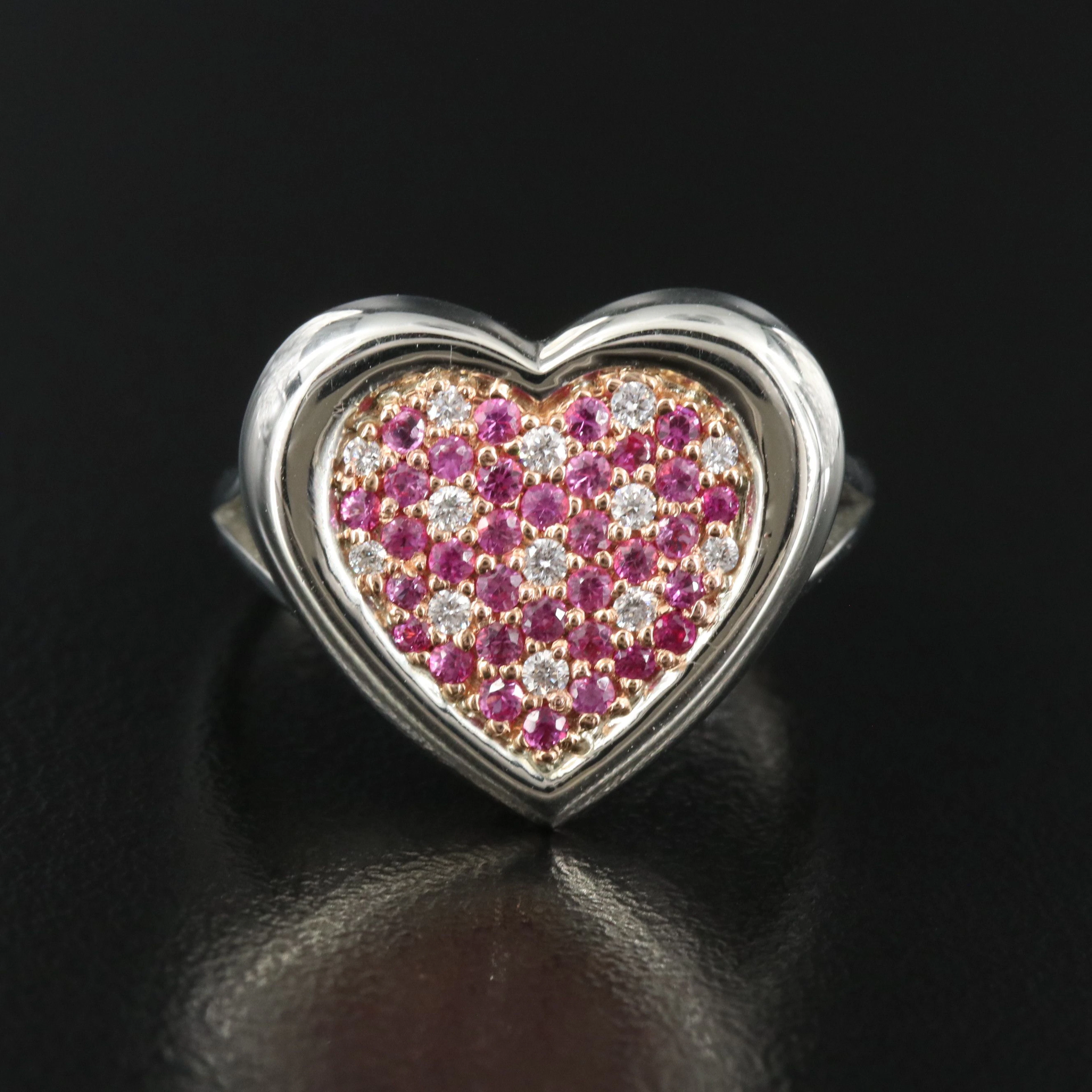19K Pink Sapphire and Diamond Pavé Heart Ring with 18K Accent