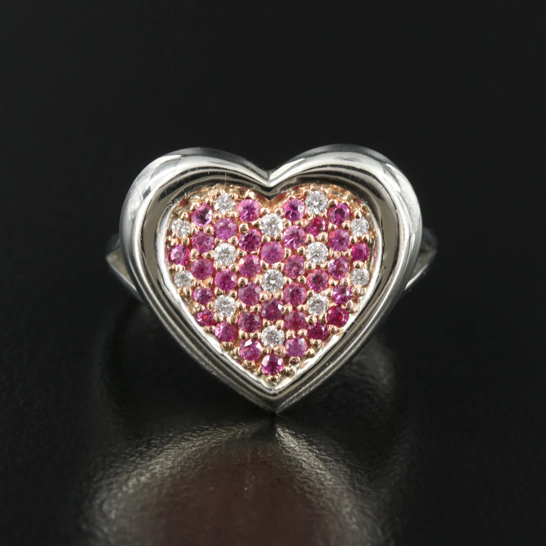 19K Pink Sapphire and Diamond Pavé Heart Ring with 18K Accent