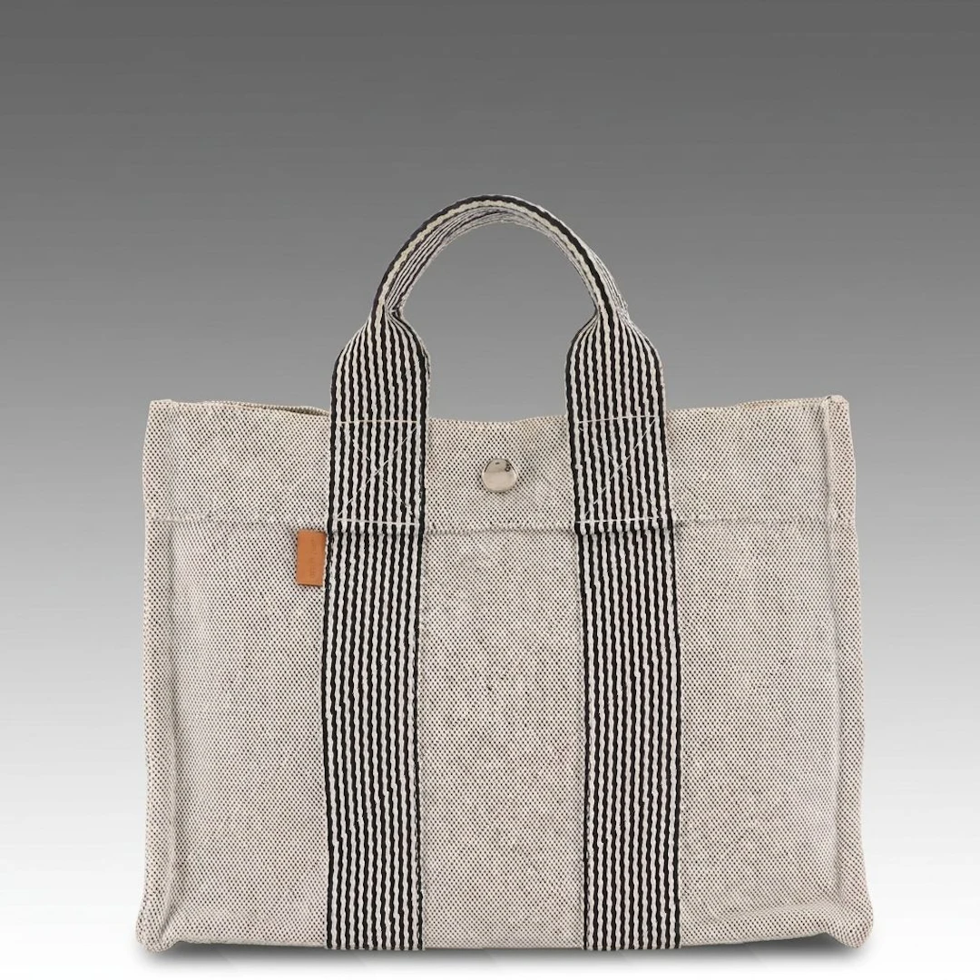 Hermès Herline Mini Tote Bag in Black and Cream Canvas