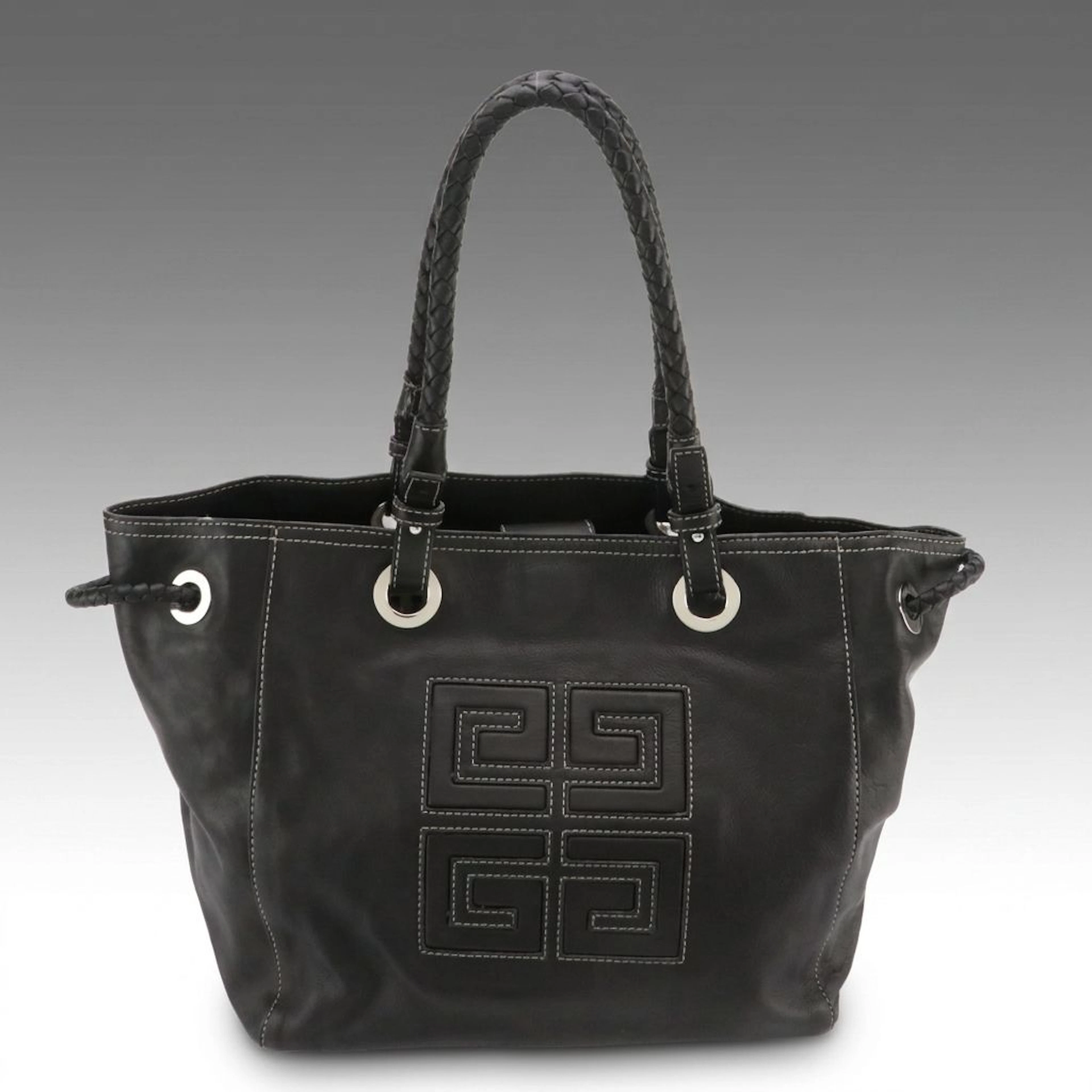 Givenchy Braided Strap Stitched Logo Tote Bag in Black Calfskin Leather