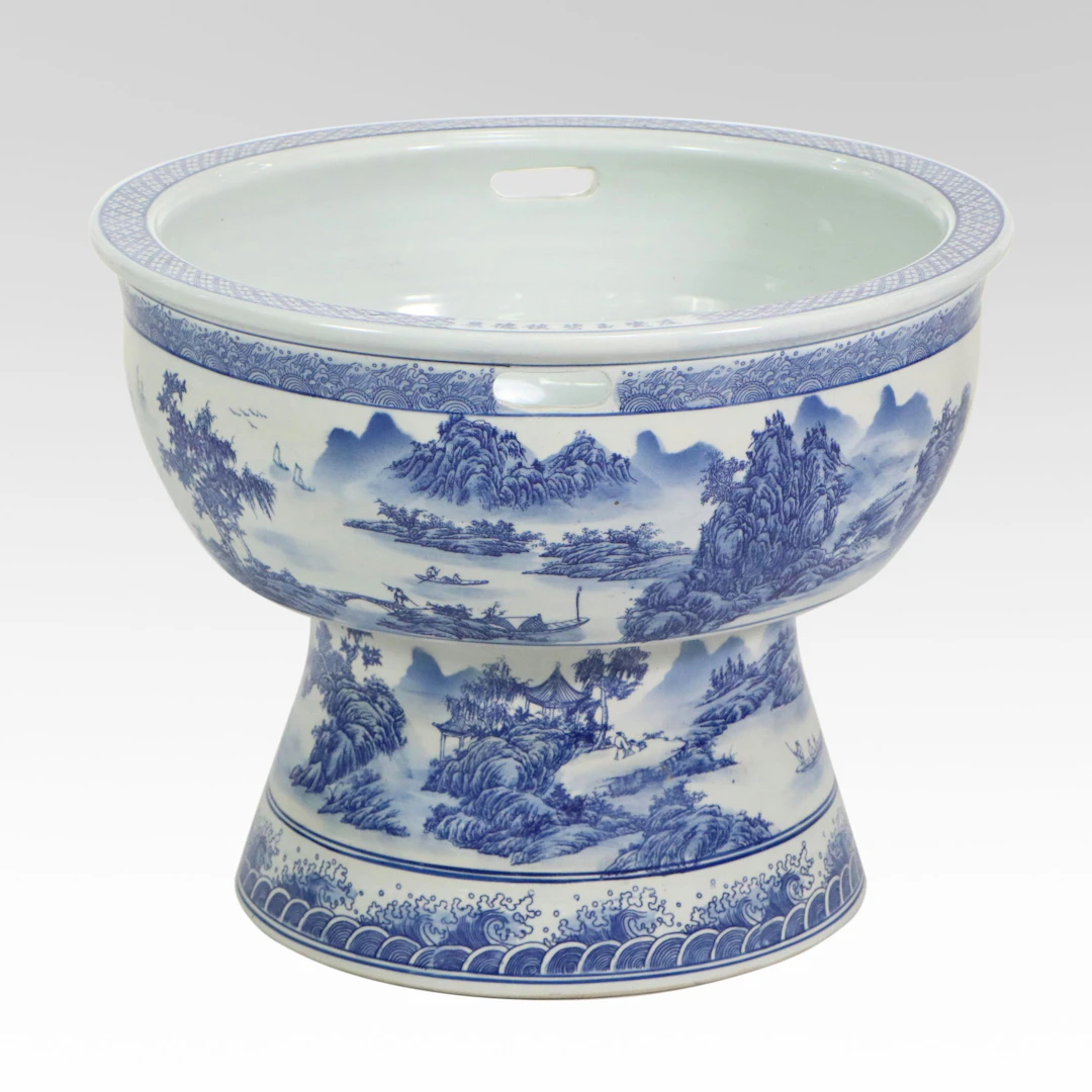Chinese Ornate Landscape Porcelain Lotus Bowl with Pedestal, 20th Century