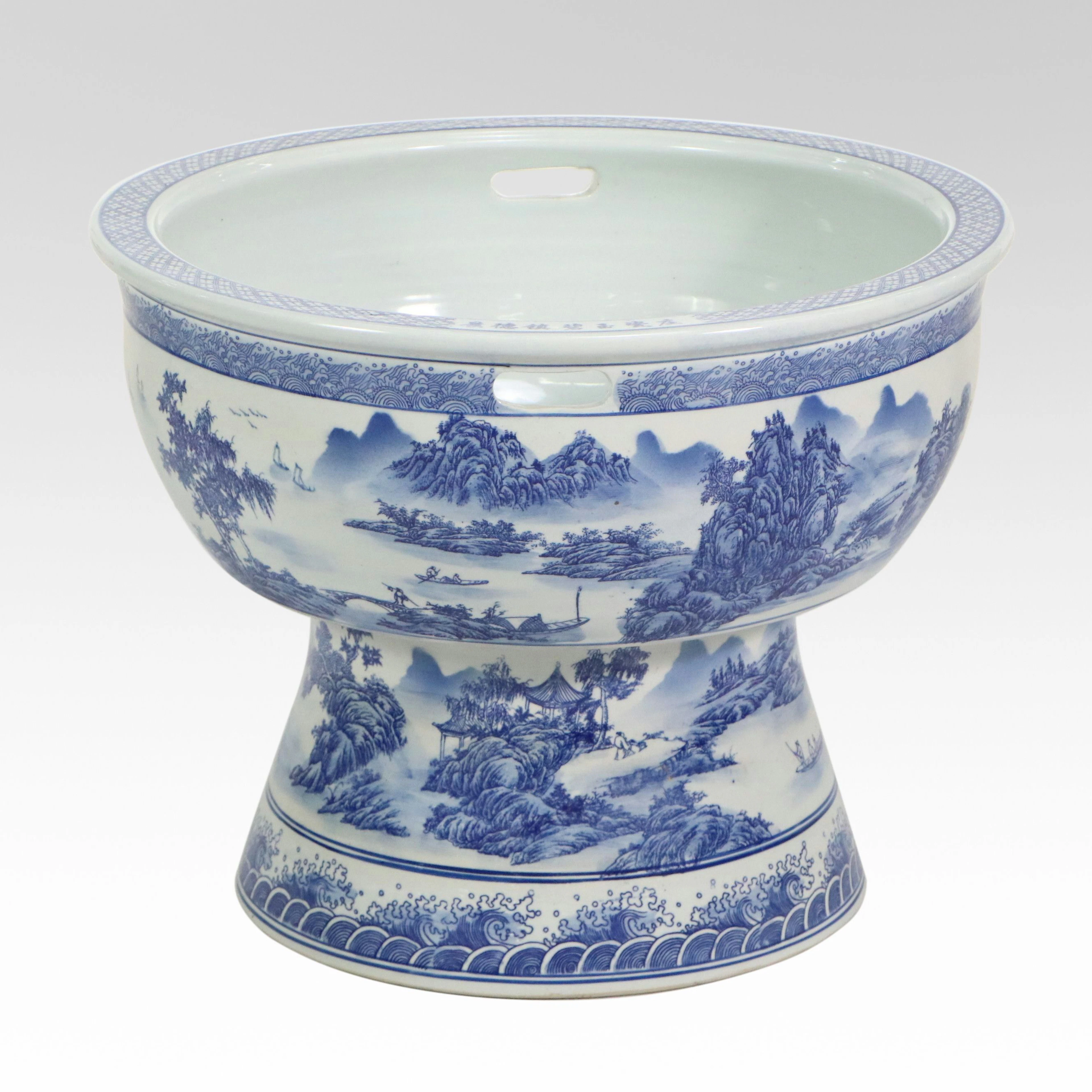 Chinese Ornate Landscape Porcelain Lotus Bowl with Pedestal, 20th Century