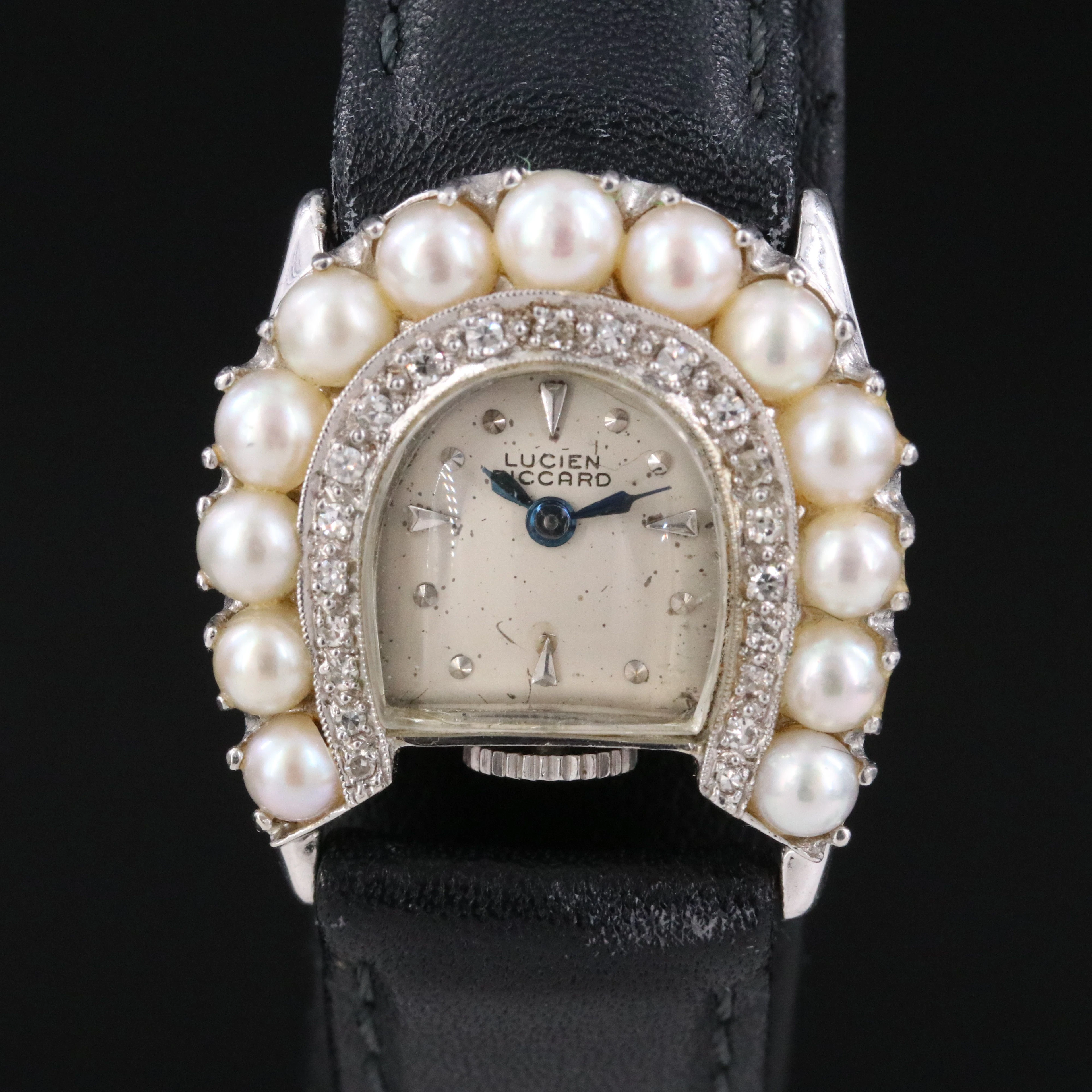 14K Lucien Piccard Diamond and Pearl Horseshoe Swiss Stem Wind Watch