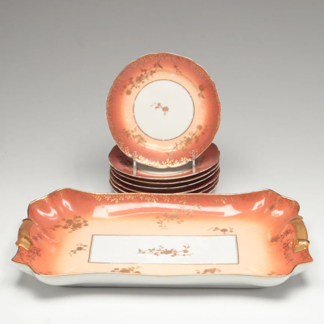 French Gold Gilt Floral Hand-Painted Porcelain Tray with Bread and