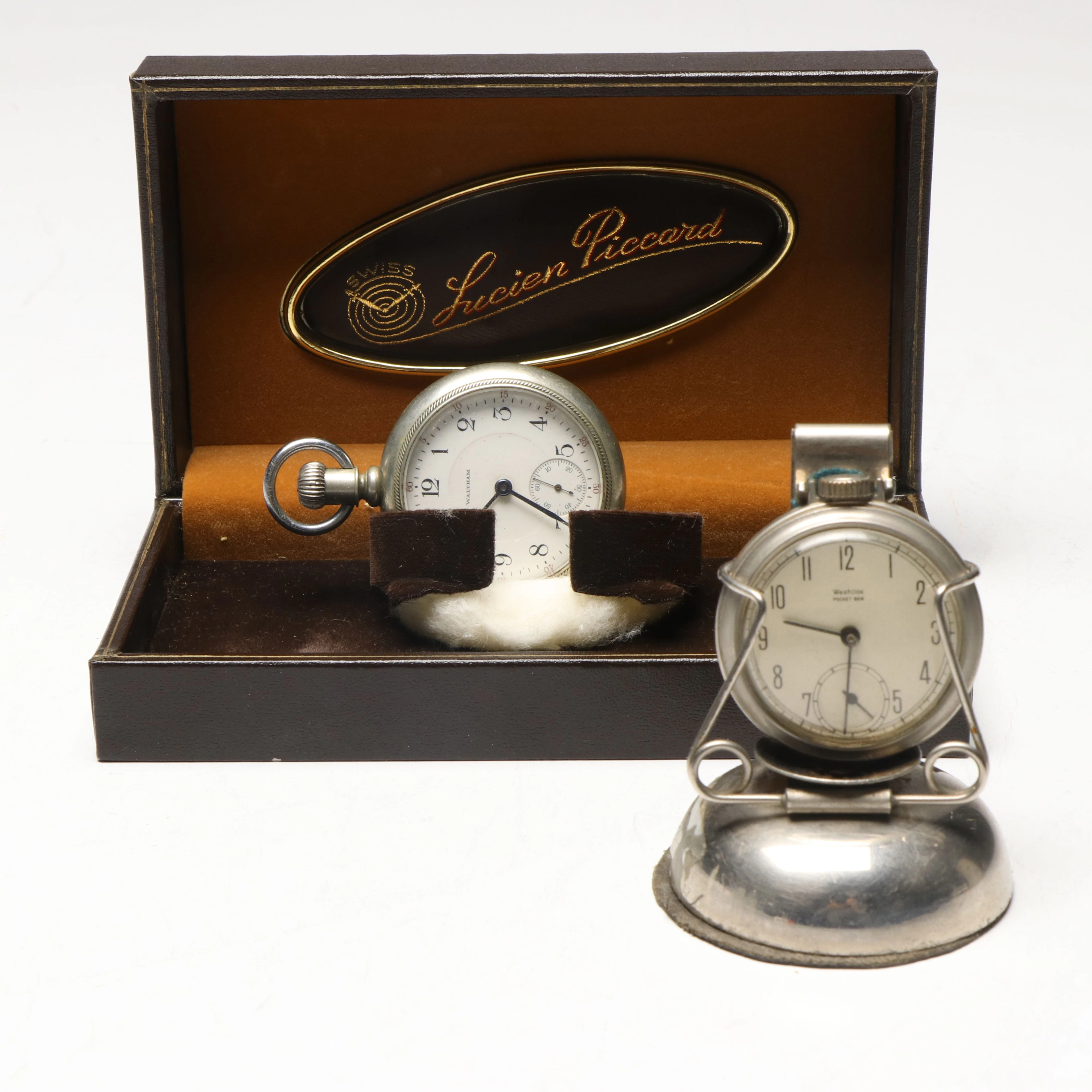 Waltham and Westclox Pocket Watches with Box and Stand
