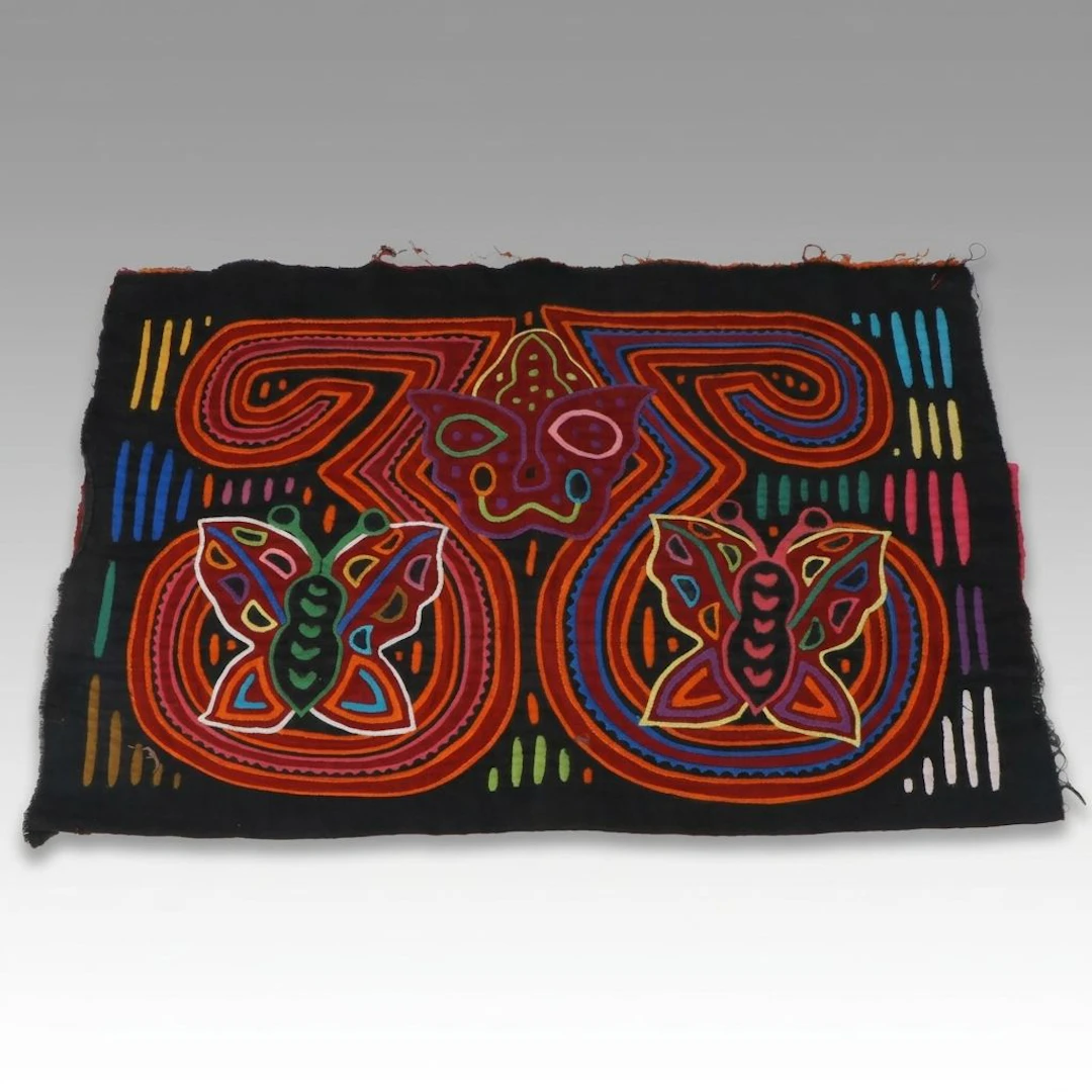 Panamanian Guna Handmade Mola Reverse Applique Textile Panel with Butterflies