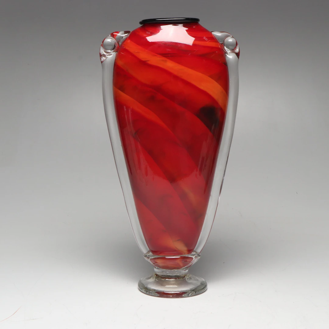 Rosetree Blown Glass Signed Red with Black Shoulder Vase, 2001