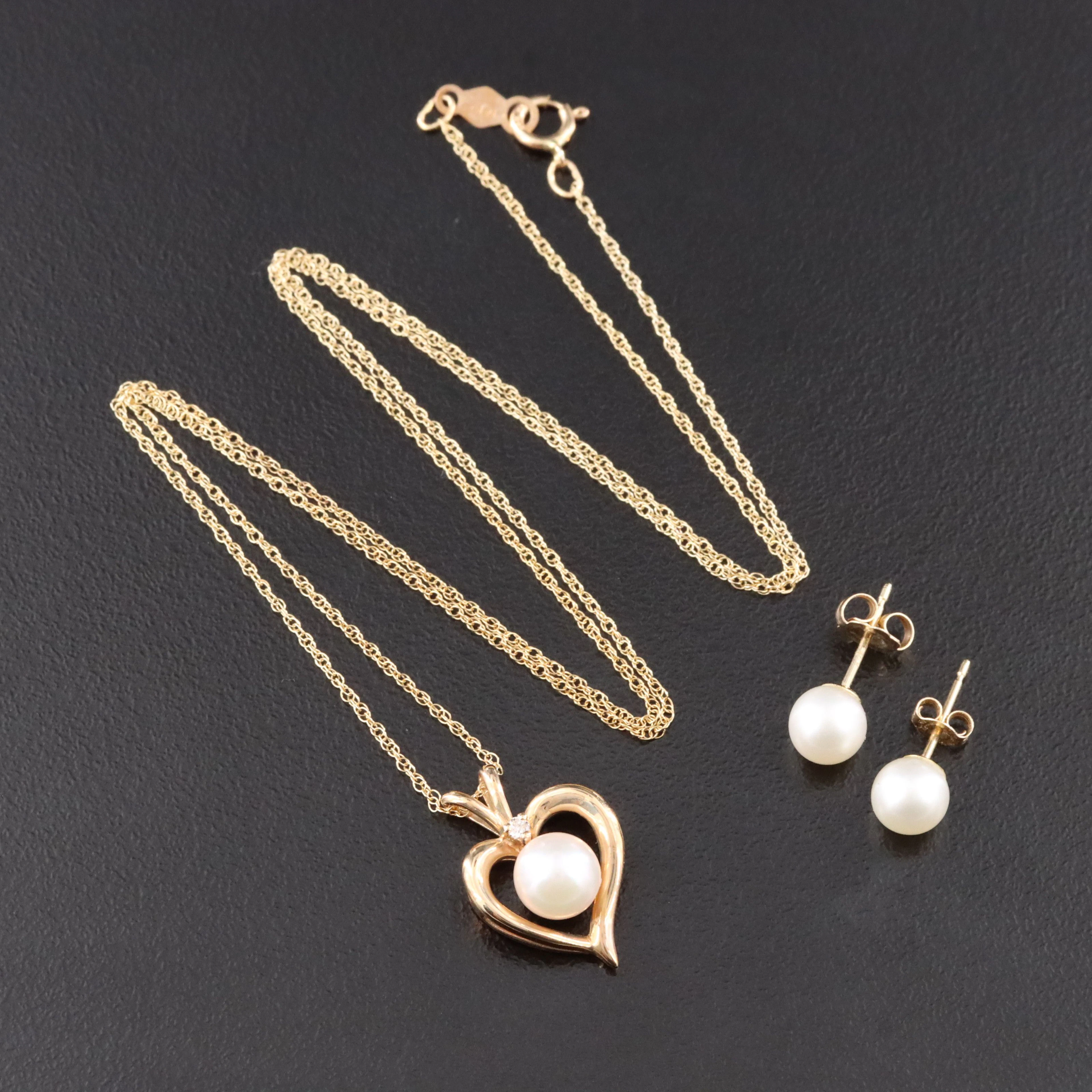 14K Pearl and Diamond Heart Necklace and Earrings