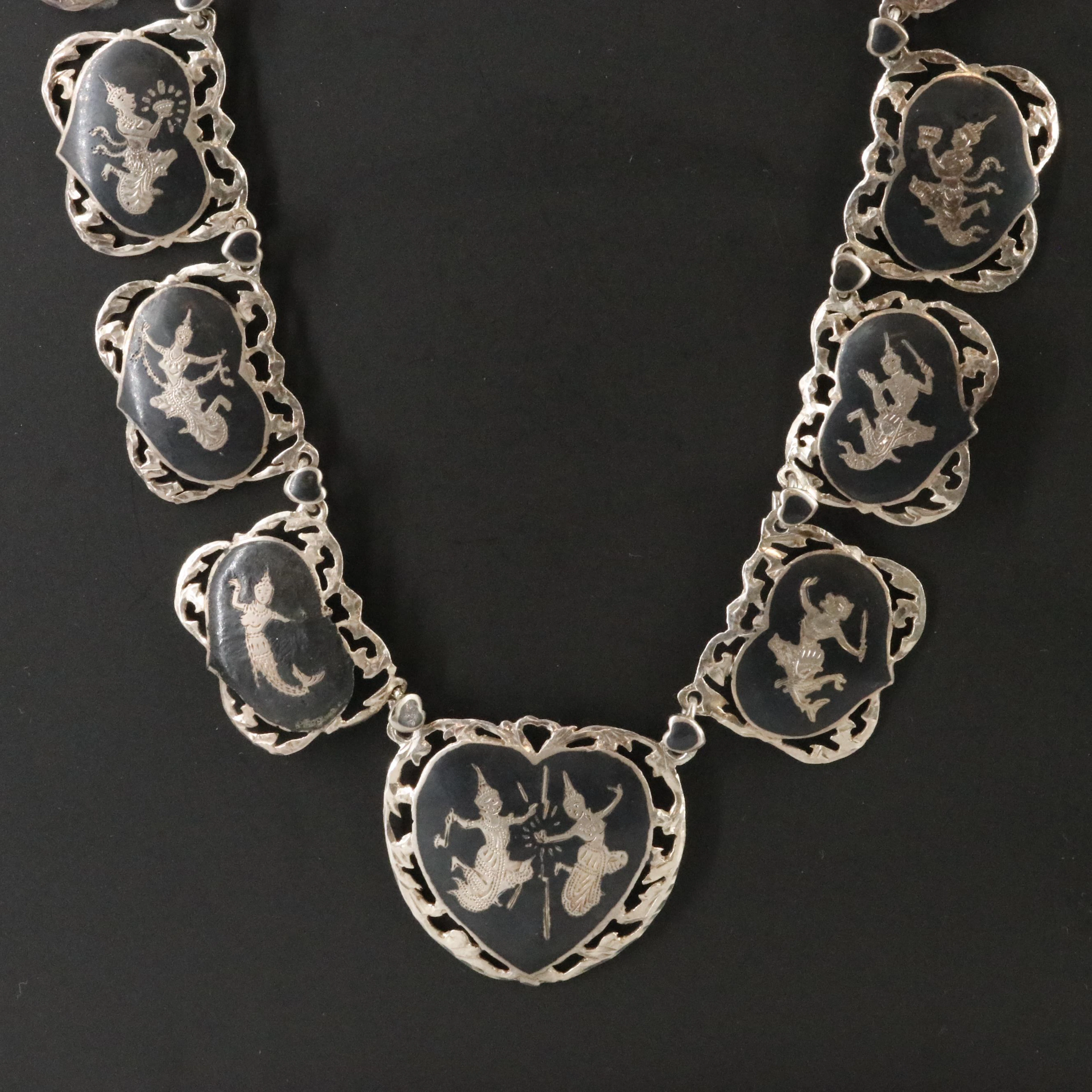 Vintage Siam Sterling Niello Ramayana Epic Necklace