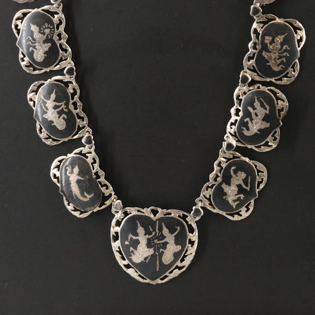 Vintage Siam Sterling Niello Ramayana Epic Necklace