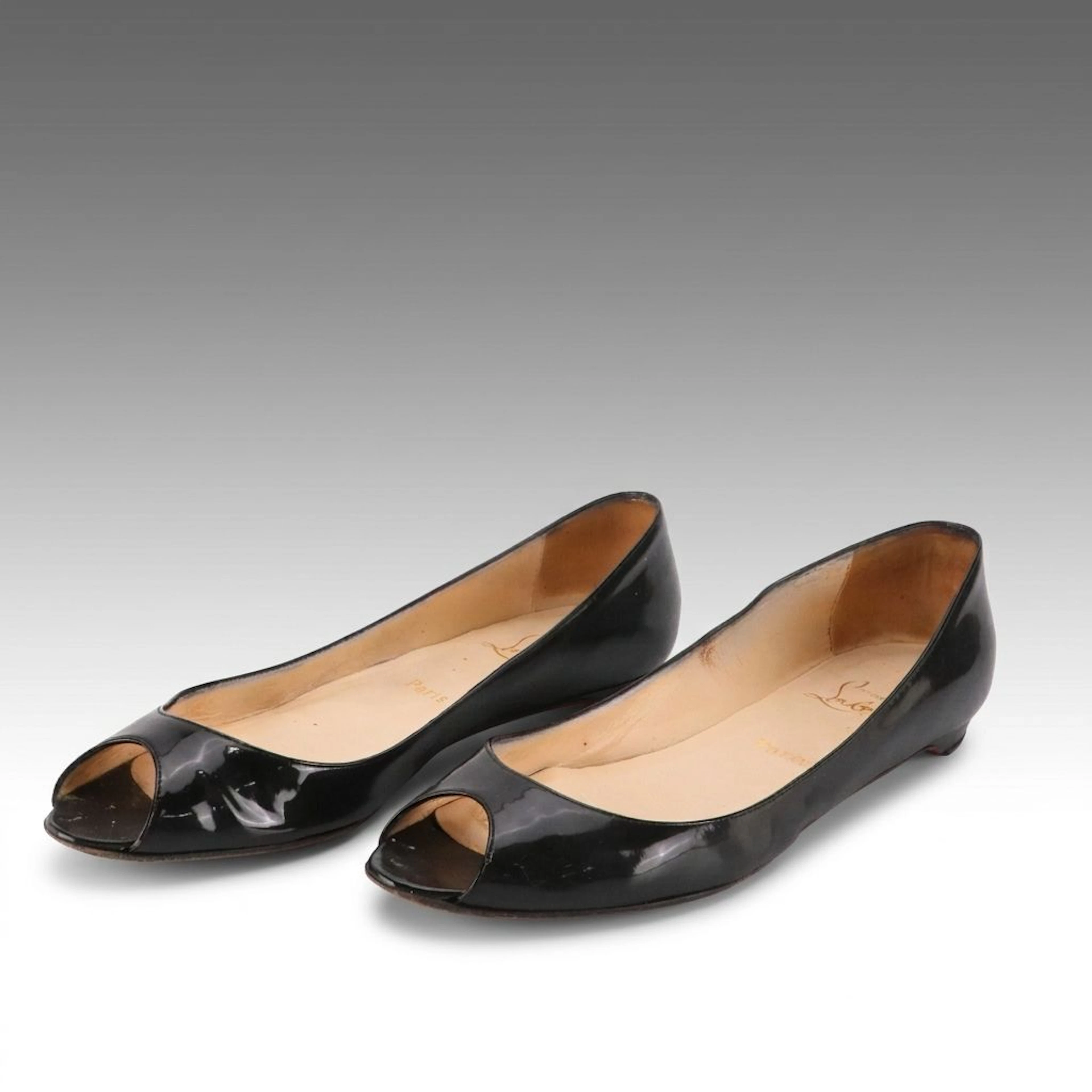 Christian Louboutin Peep-Toe Flats in Black Patent Leather
