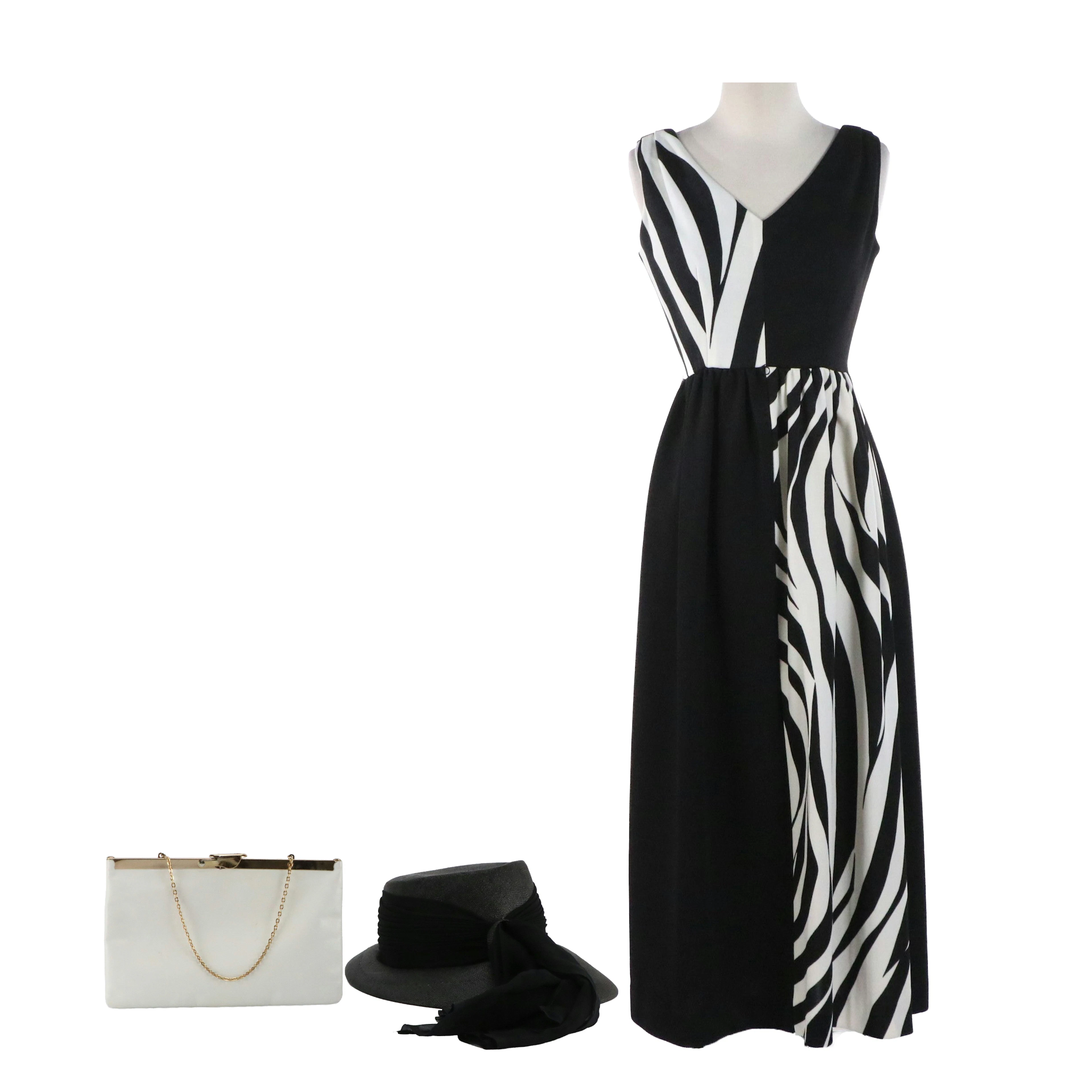 Alfred Werber Vintage Graphic Op Art Maxi Dress, Leather Bag & Bullocks Hat