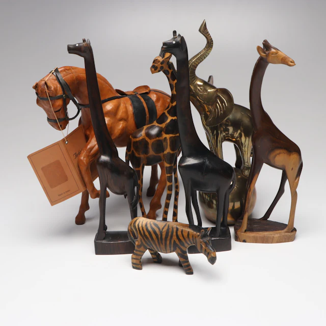 African Carved Wood Giraffes with Leather Wrapped Horse, Other Animal Figurines
