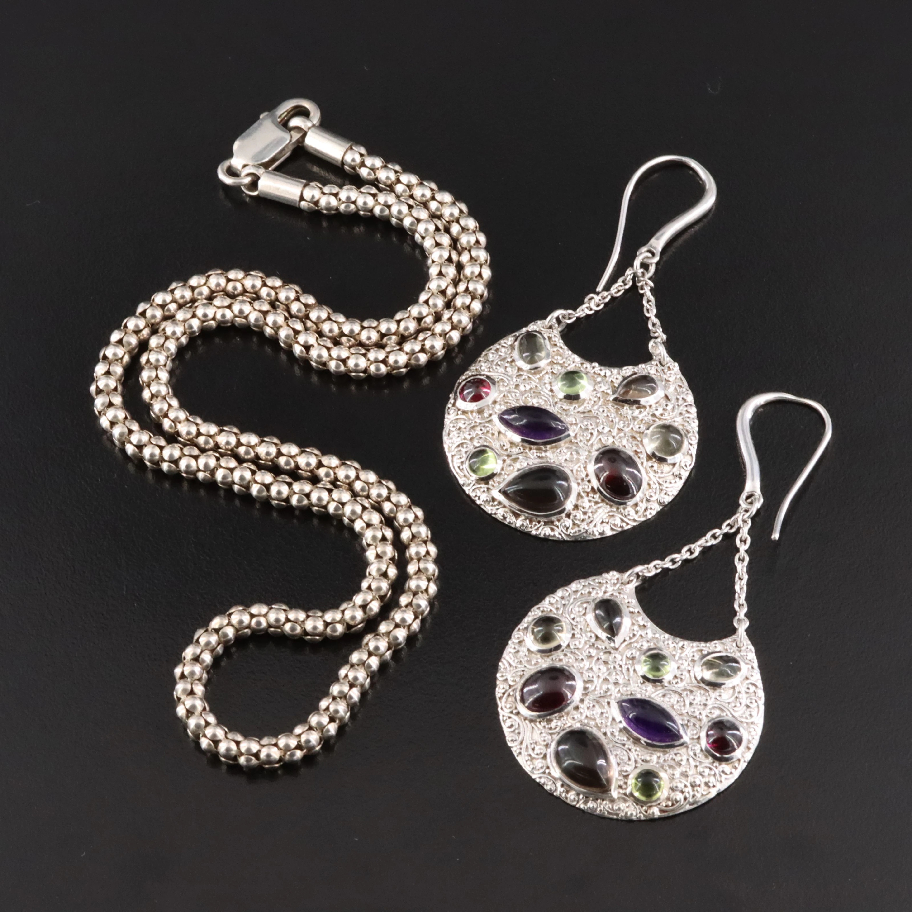 Silpada Sterling Gemstone Pendulum Earrings with Popcorn Chain Necklace