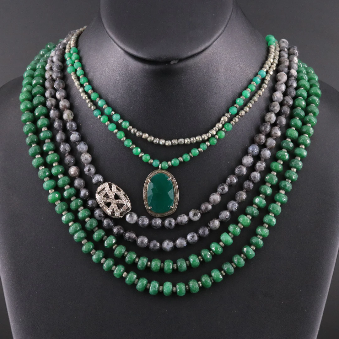 Beaded Necklace Collection Including Green Quartz and Chalcedony