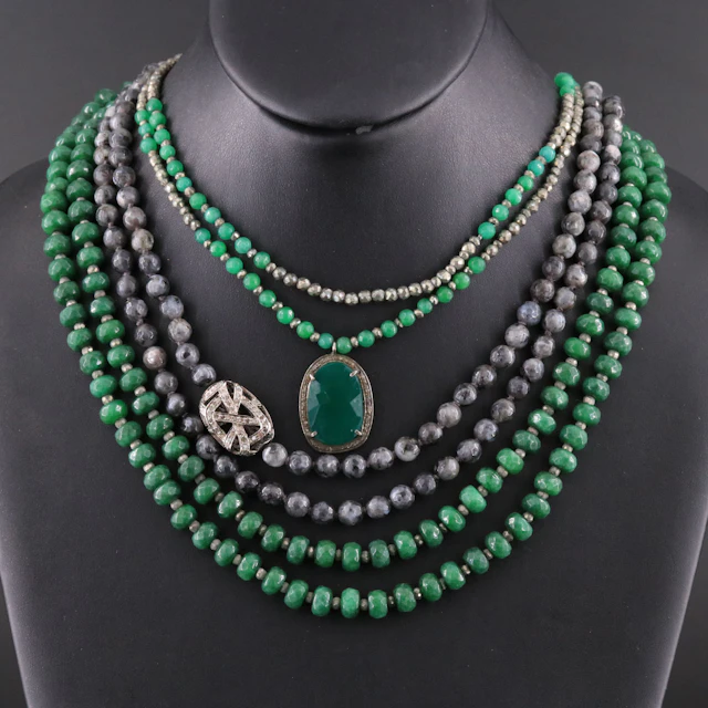 Beaded Necklace Collection Including Green Quartz and Chalcedony