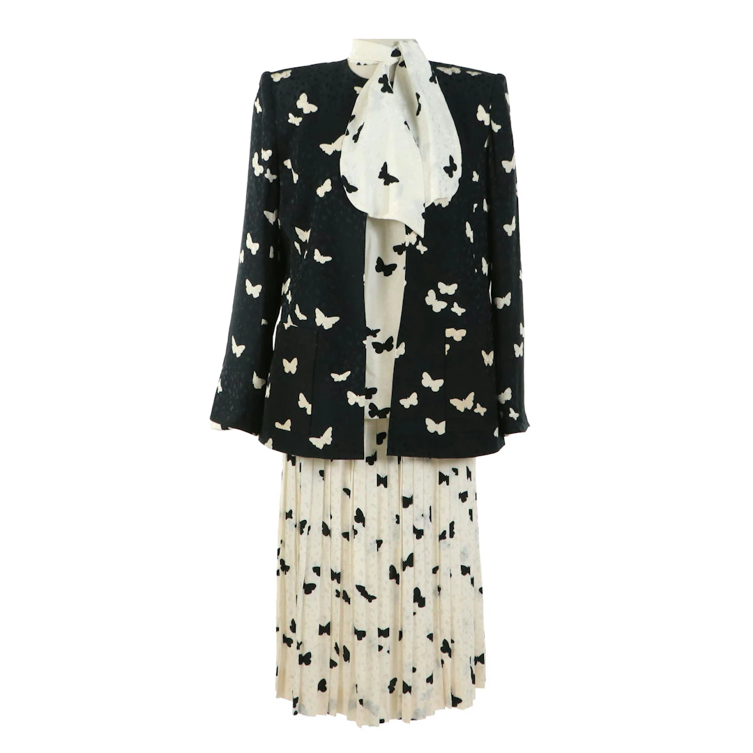 David Hayes Butterfly Print Three-Piece Silk Skirt Set with Matching Tie Sash