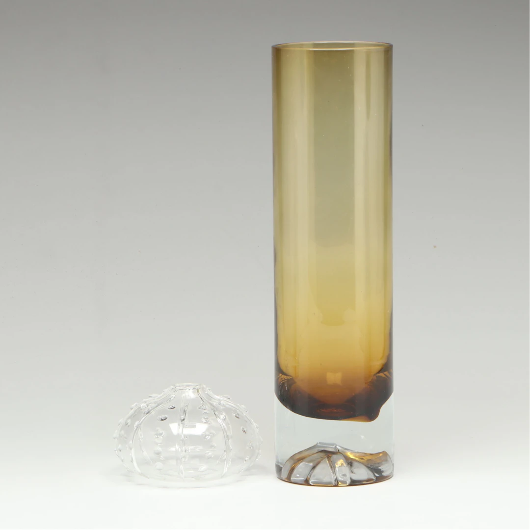 Glass Sea Urchin Bud Vase and Yellow Glass Column Vase