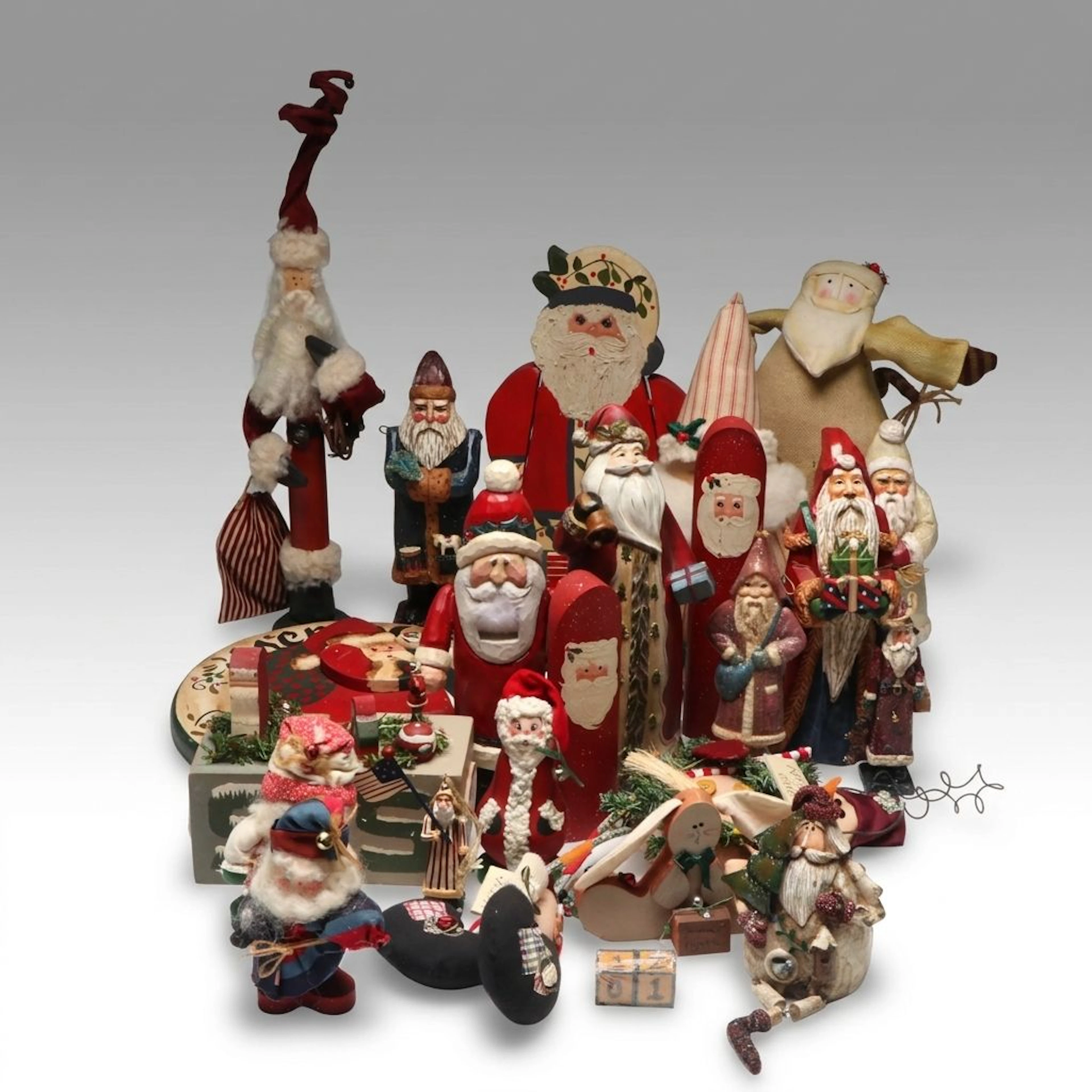 Christmas Wooden, Plush and Other Santa Claus Figurines and Wall Hanging