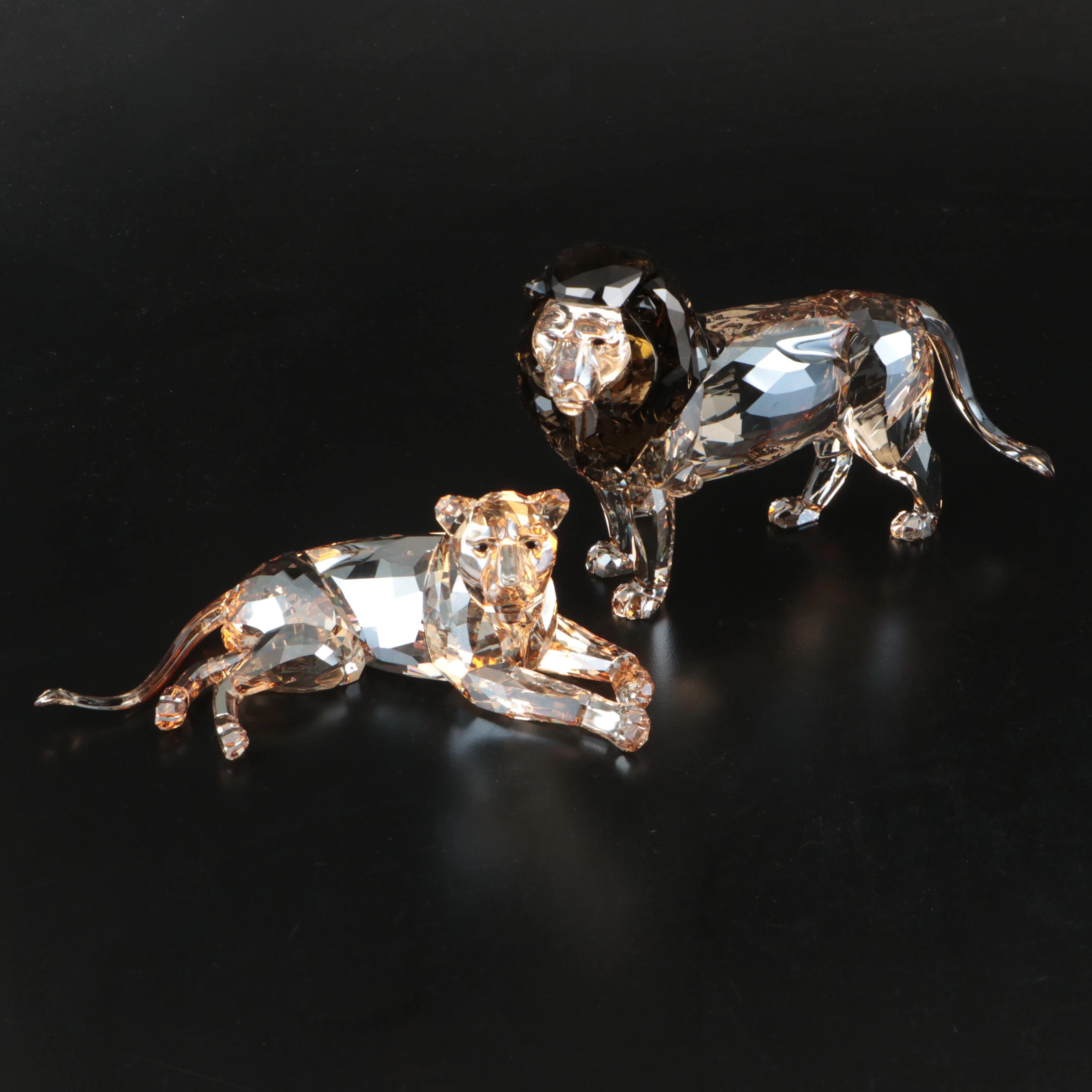 Swarovski Crystal Society "Lion Akili" and "Lion Mother" Cut Crystal Figurines