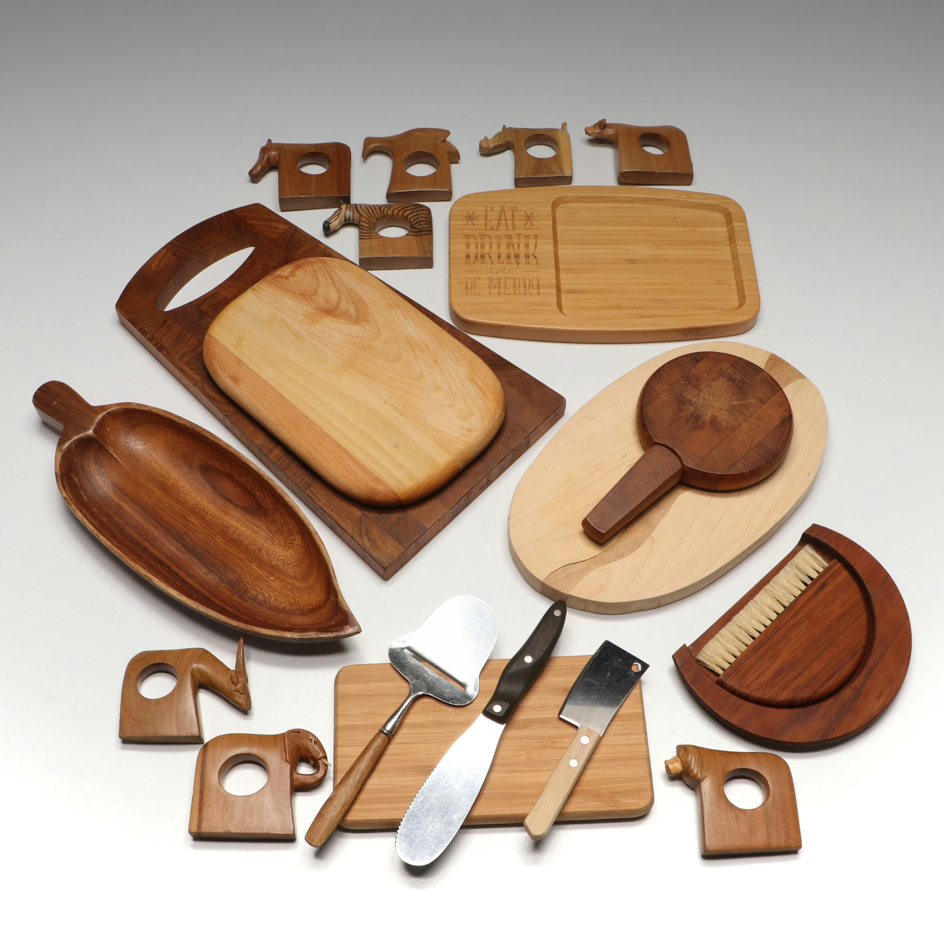 Dansk, Cutco and Spor Cheese Knives with Wooden Cutting and Charcuterie Boards
