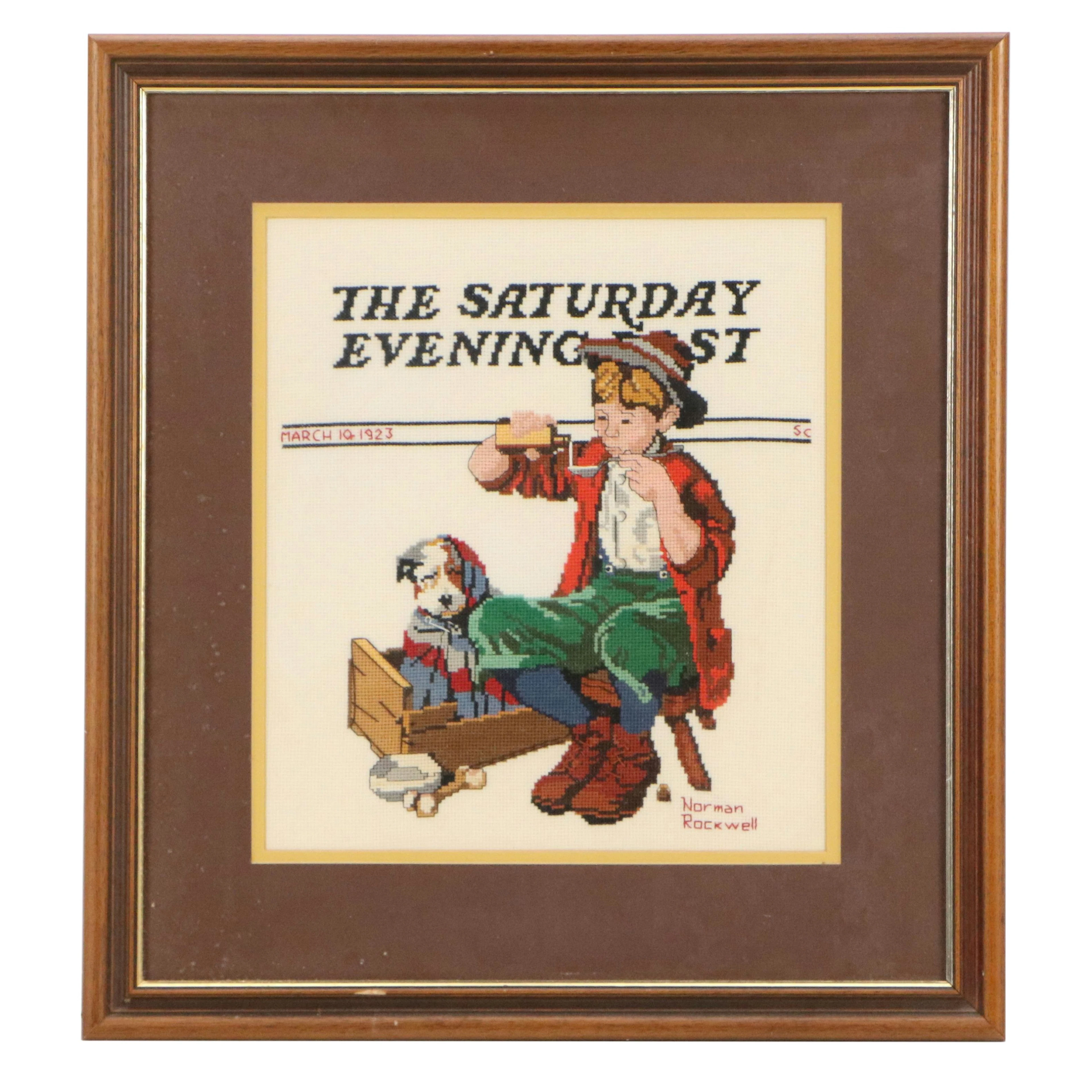 After Norman Rockwell Cross-Stitch Embroidery Panel "Puppy Love"